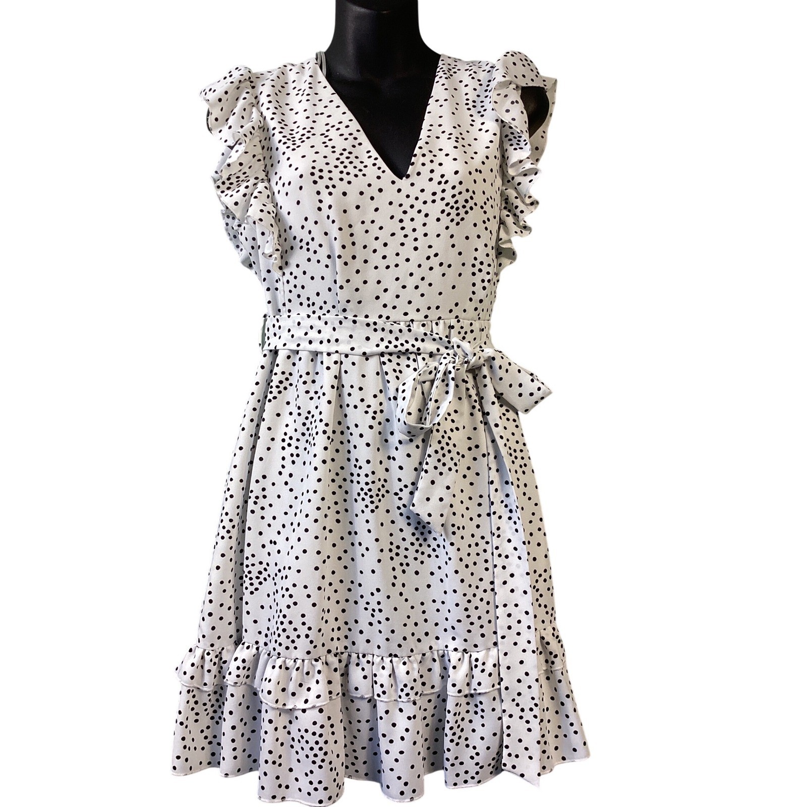 Favlux Fashion White Black Polka Dot Ruffle Mini Dress V-Neck Belted S Romantic