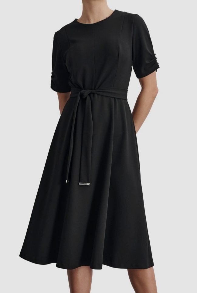 DKNY Women’s Black Scuba Crepe Crewneck Button Trim Self-Tie Dress Size 8