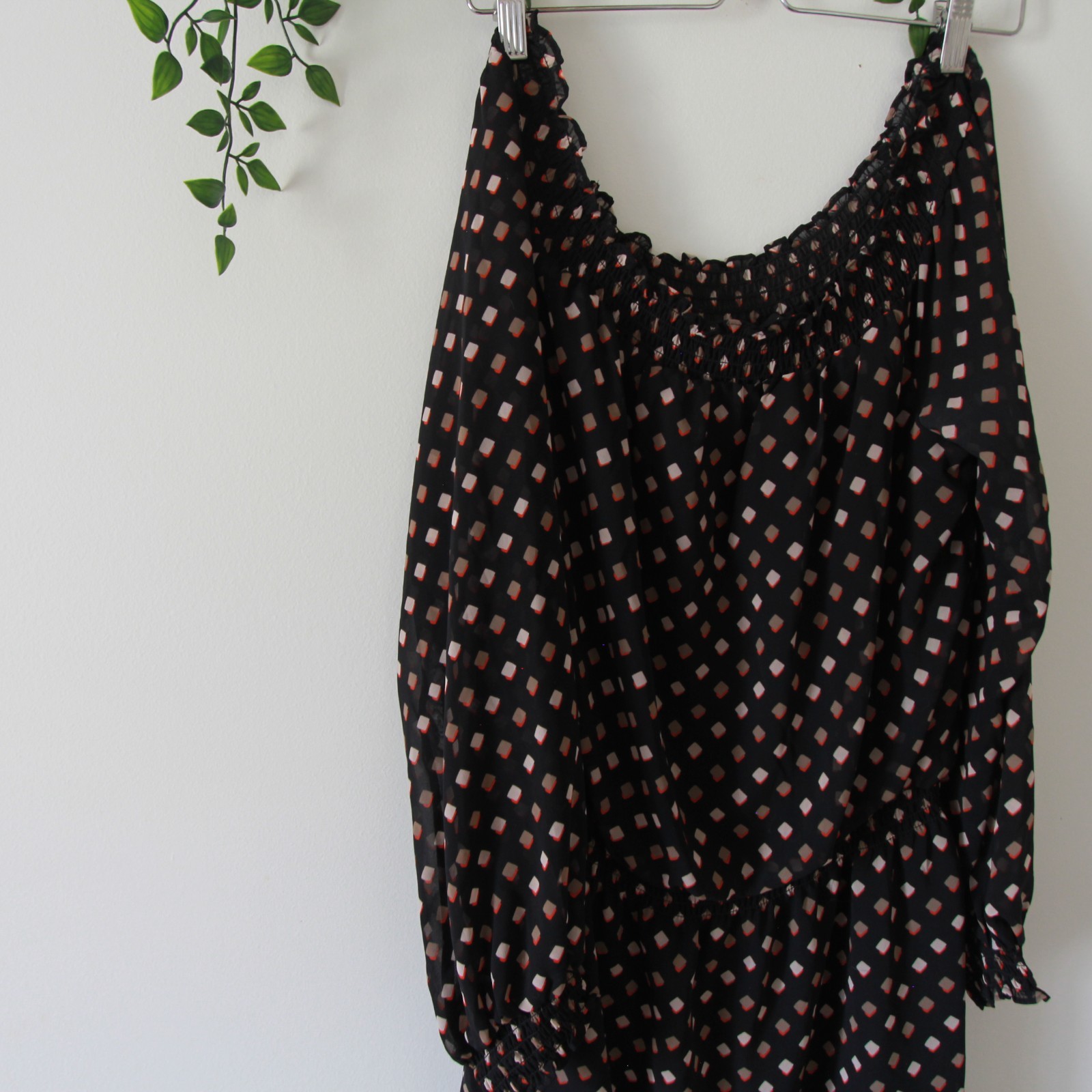 White House Black Market Black Brown Printed Lined Smocked Long Sleeve Dress L