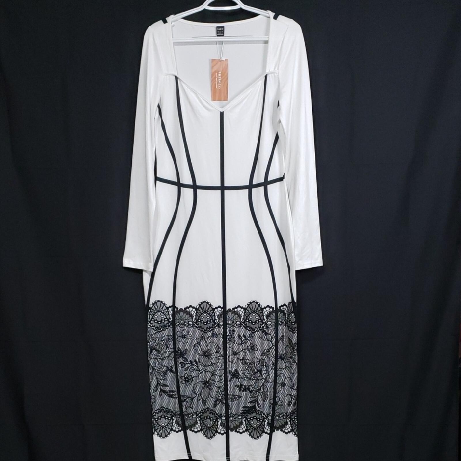 SHEIN Lady Two-Tone Bodycon Midi Dress in Black & White. Size: Large