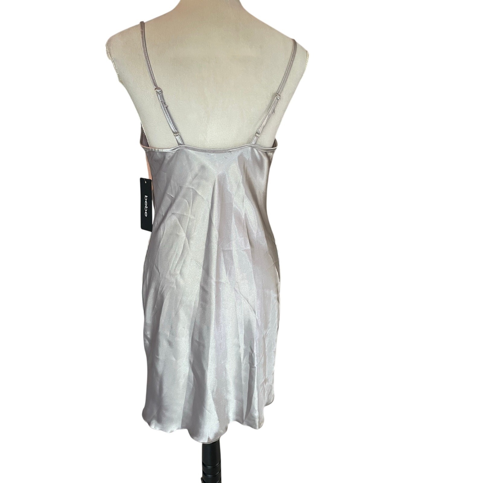 BEBE “Platinum” silver satin slip mini dress