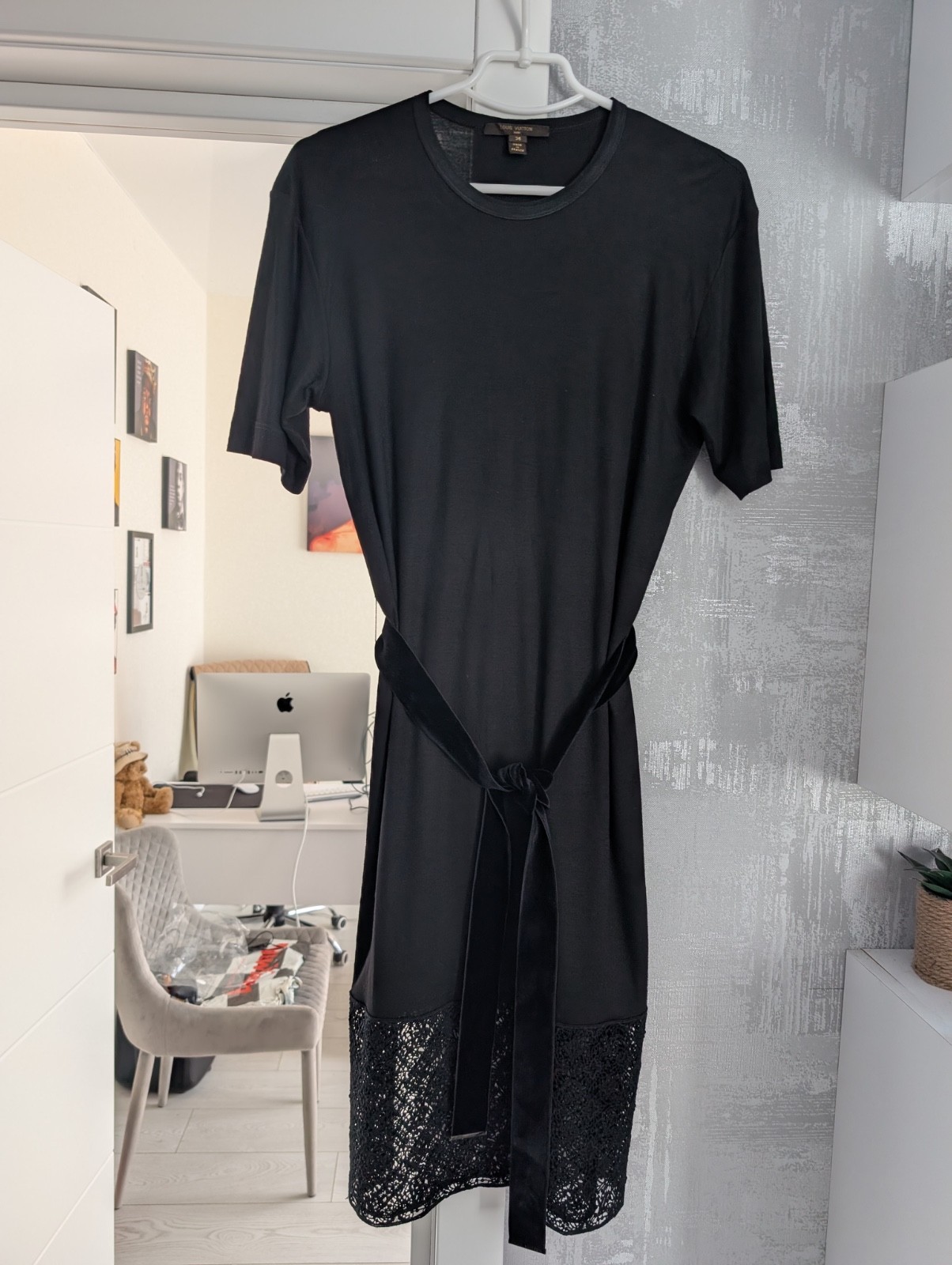 Louis Vuitton Monogram Lace Stretch Belted Shirt Dress Tunic Black Viscose S 36