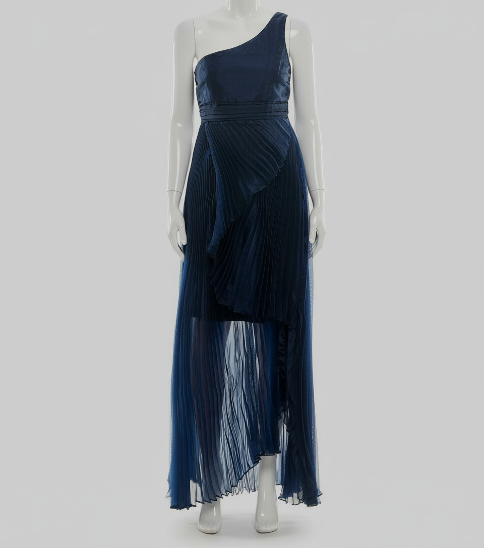 Taylor Women’s Blue Asymmetric One-Shoulder Pleated Organza Gown Dress Size 4