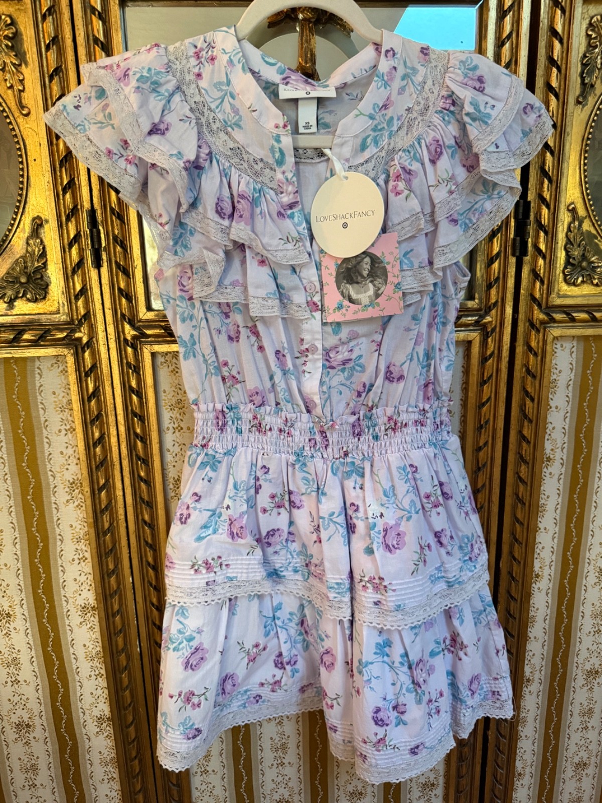NWT LoveShackFancy x Target Lou Dress Purple Multi Floral Double Ruffle Lace XS