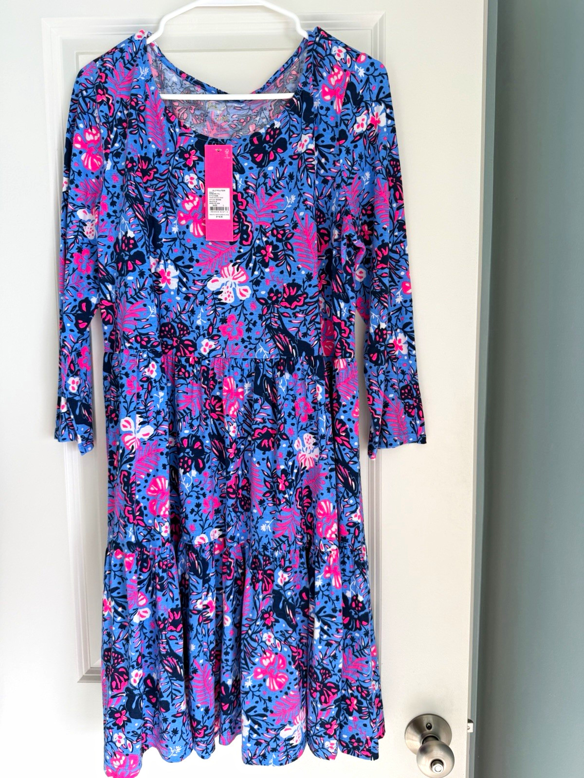 NWT Lilly Pulitzer Geanna Dress, 3/4 Sleeve, Boca Blue Birds Eye View, Size L