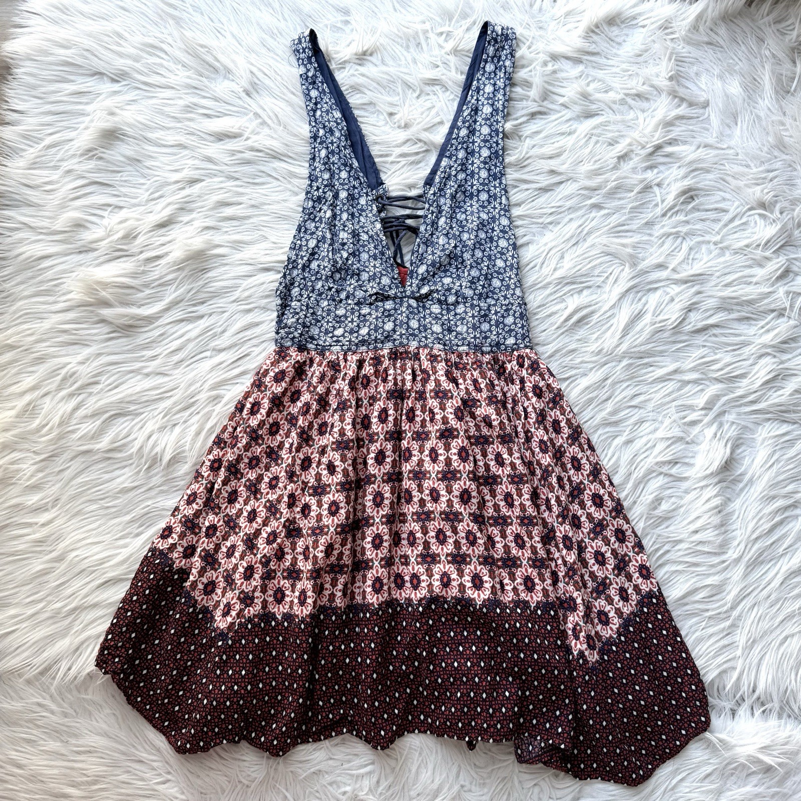Boho 4th of July Americana Festival Patchwork Block Pattern Corset Dress S