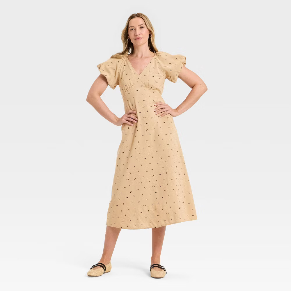 Women Puff Short Sleeve Midi Sundress – Universal Thread Tan Floral M