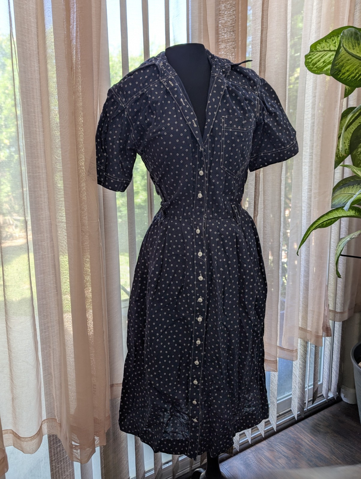 Vintage Liz Claiborne Button Front Navy Floral Midi Dress Sz 8 Western Dress