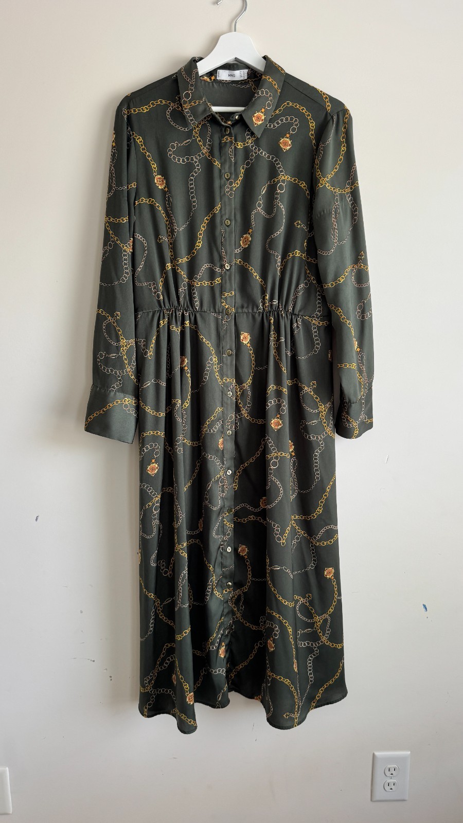 MNG Mango Women’s XL 10 Olive Chain Print Button Front Maxi Shirt Dress