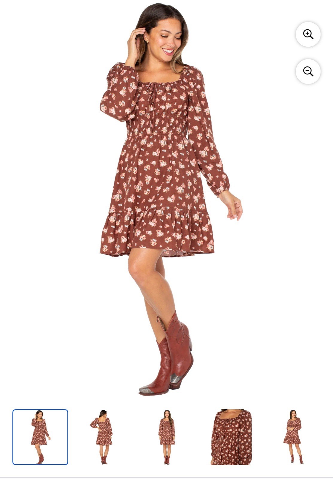 New Celebrity Pink Juniors Brown Floral L/S Smocked Tiered Dress Large #12104