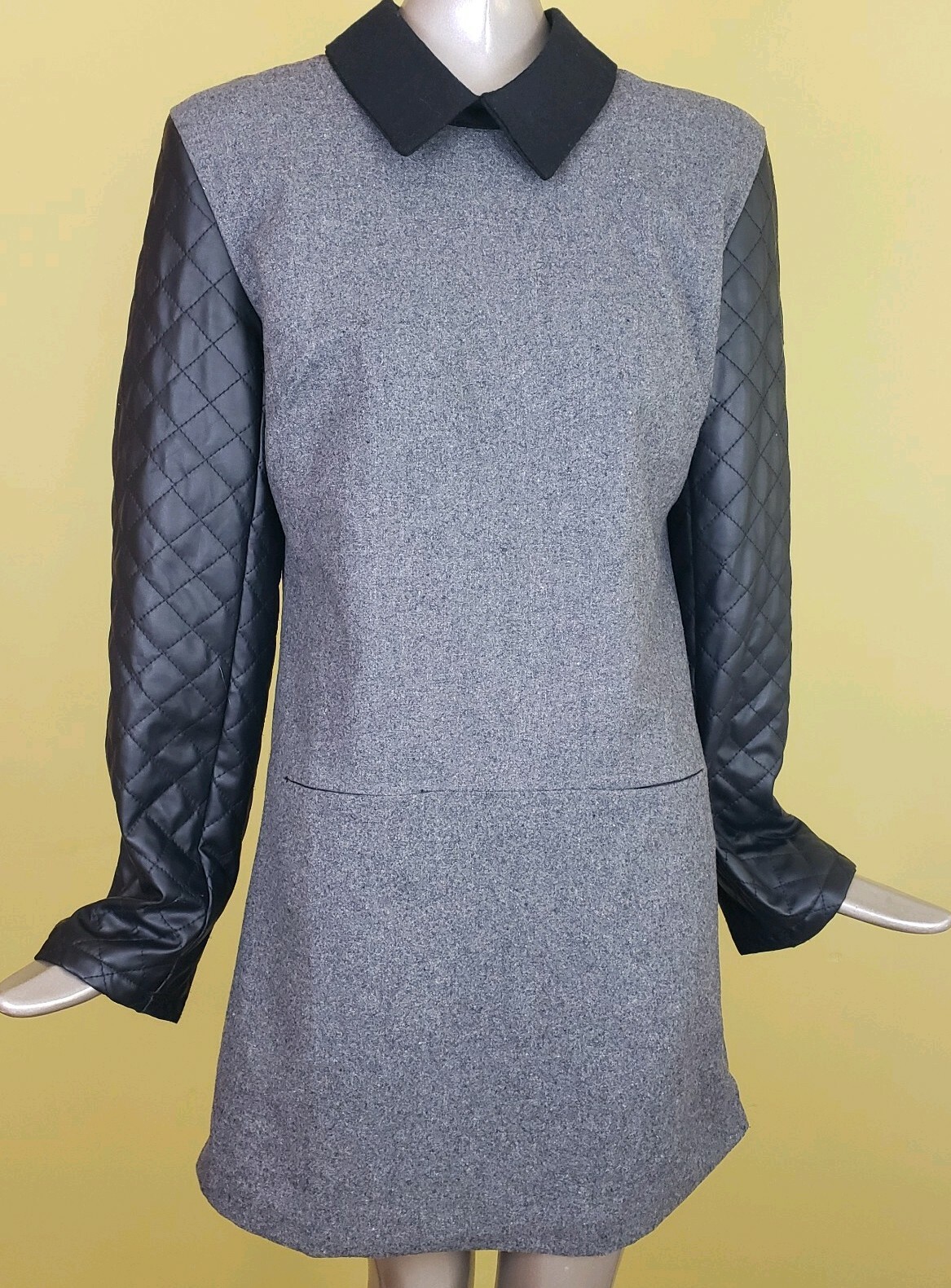 Lubna Womens Dress Faux Quilted Leather long Sleeves Grey fully lined