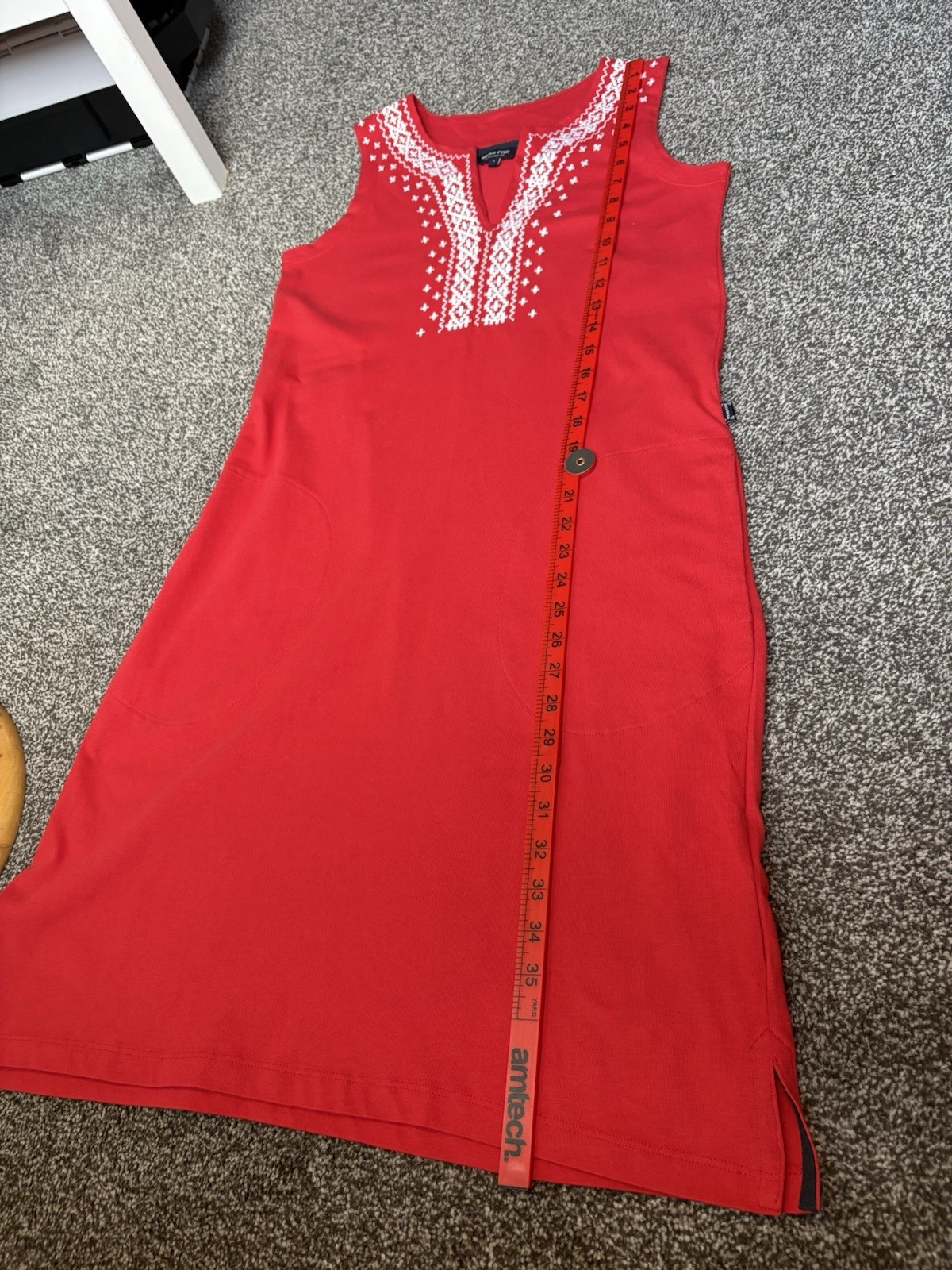 Weird Fish Red Embroidered Organic Cotton Dress Size 8 Sleeveless Pocket