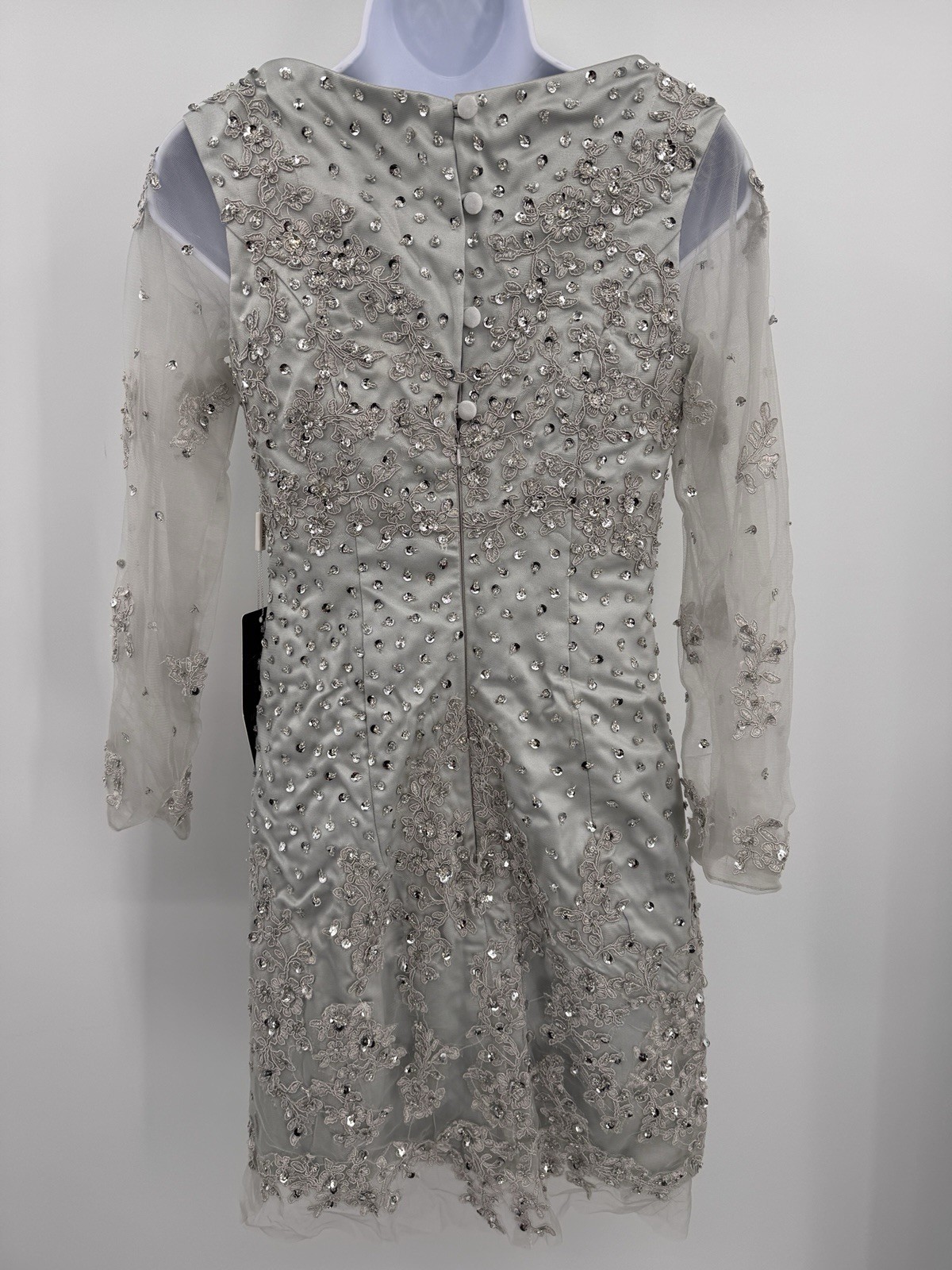 IZIDRESS Silver Heavily Sequined Beaded Lace V-Neck Short Sheath Dress 32″ Chest