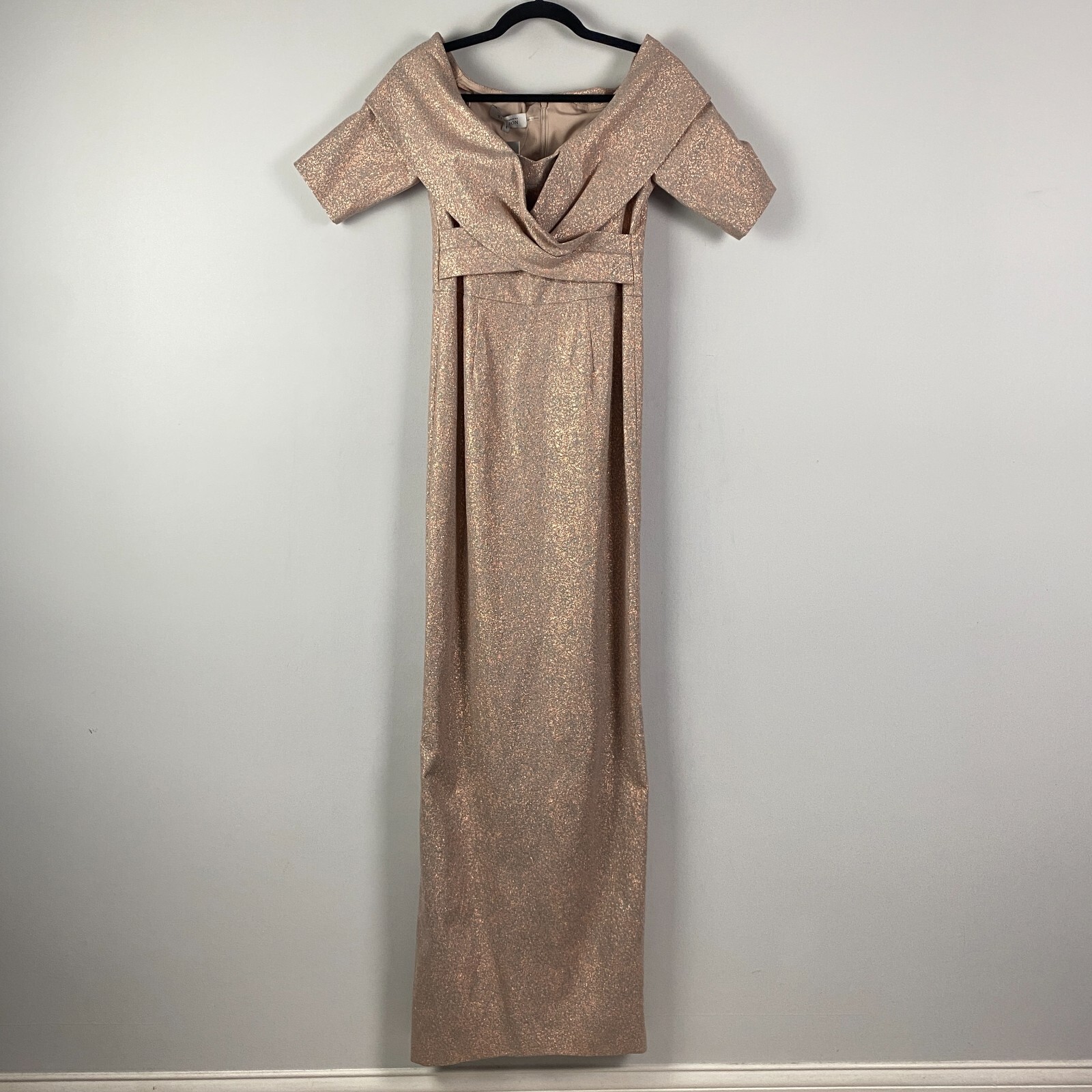 Teri Jon by Rickie Freeman Off Shoulder Gown Size 4 Rose Gold Metallic