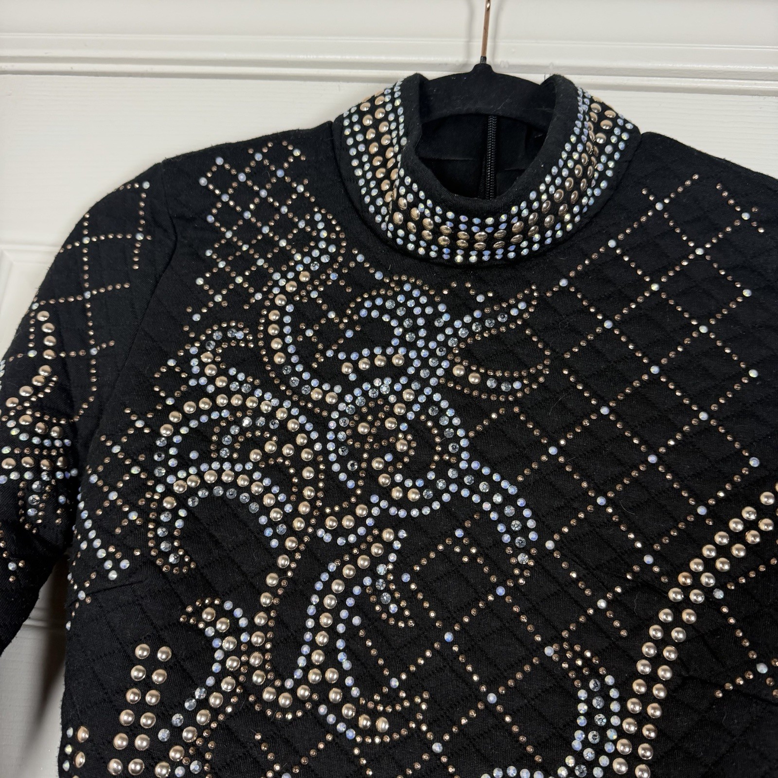 Xtaren Rhinestone Grommet Long Sleeve Quilted Celebrity Mock Neck Mini Dress Sm
