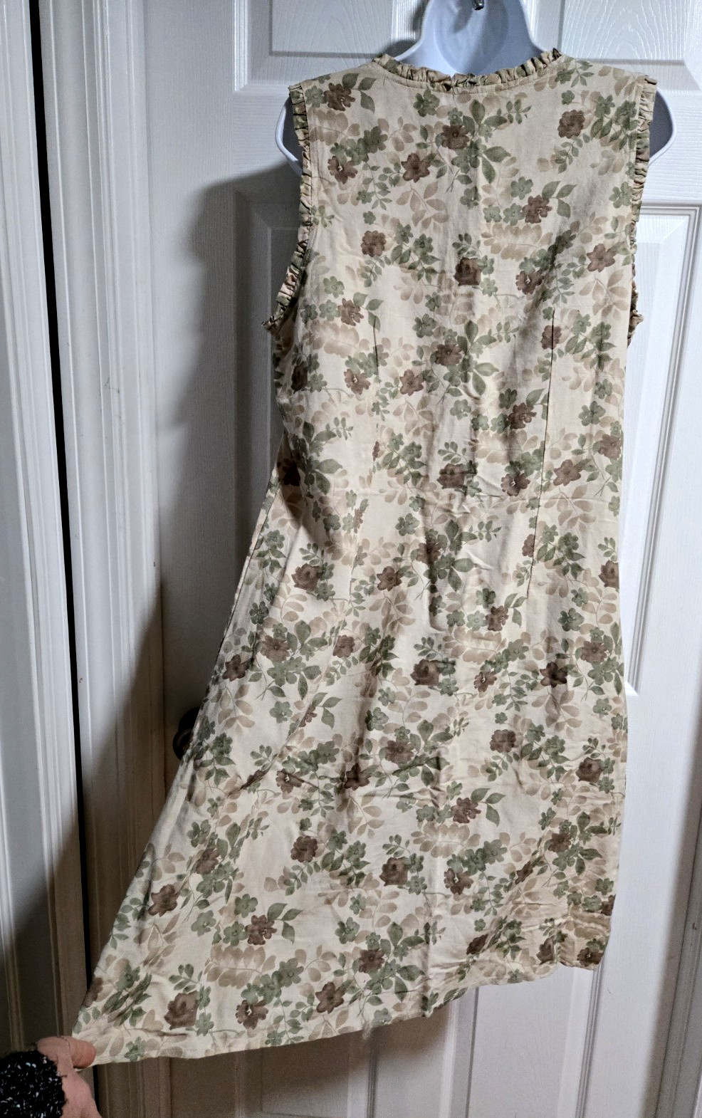 Kathy Ireland Beige/Green Sleeveless Floral Linen Blend Dress;Ruffle V-Neck;Sz L