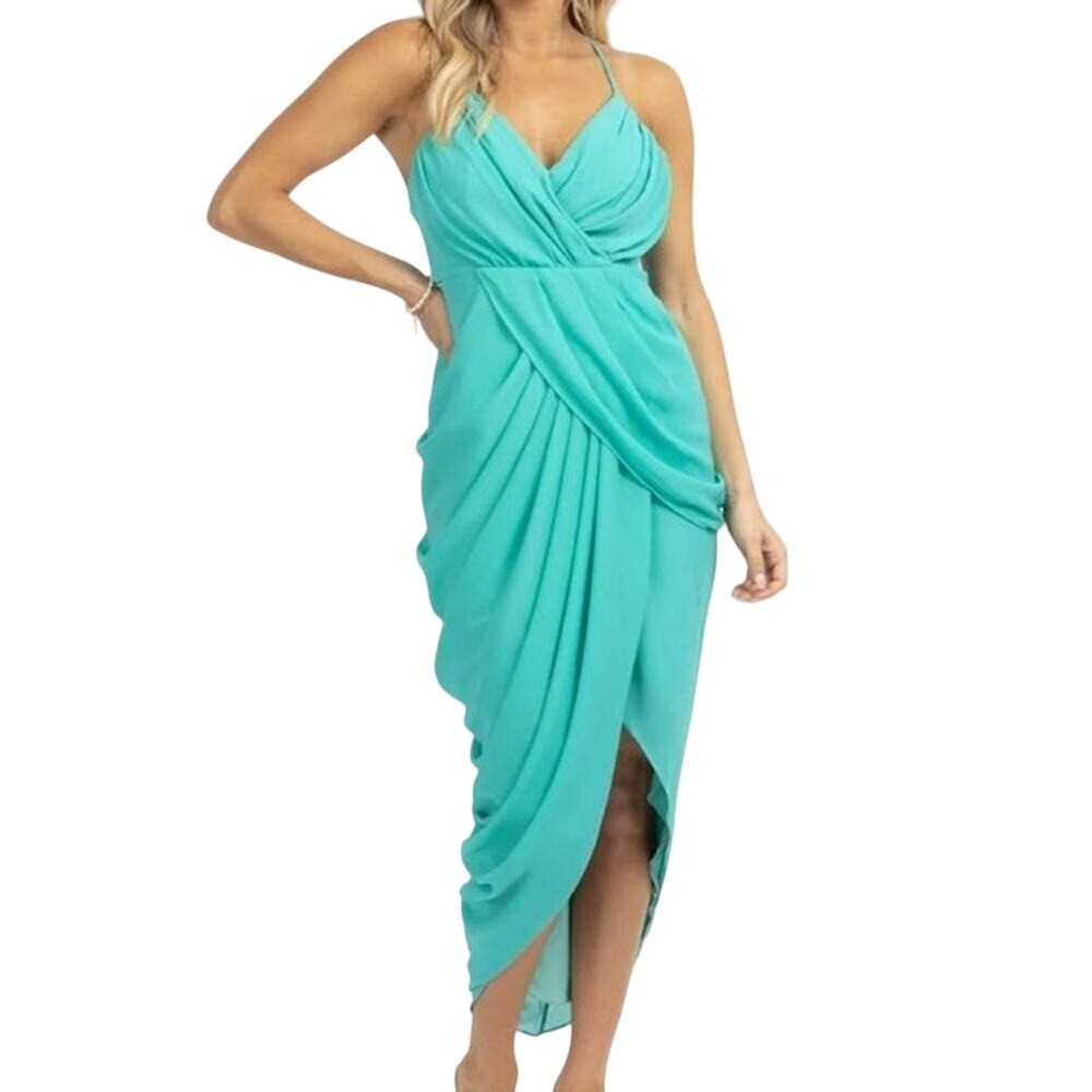 Do + Be Tulip Wrap Midi Dress Women Medium Teal Drape Asymmetrical Wedding Guest