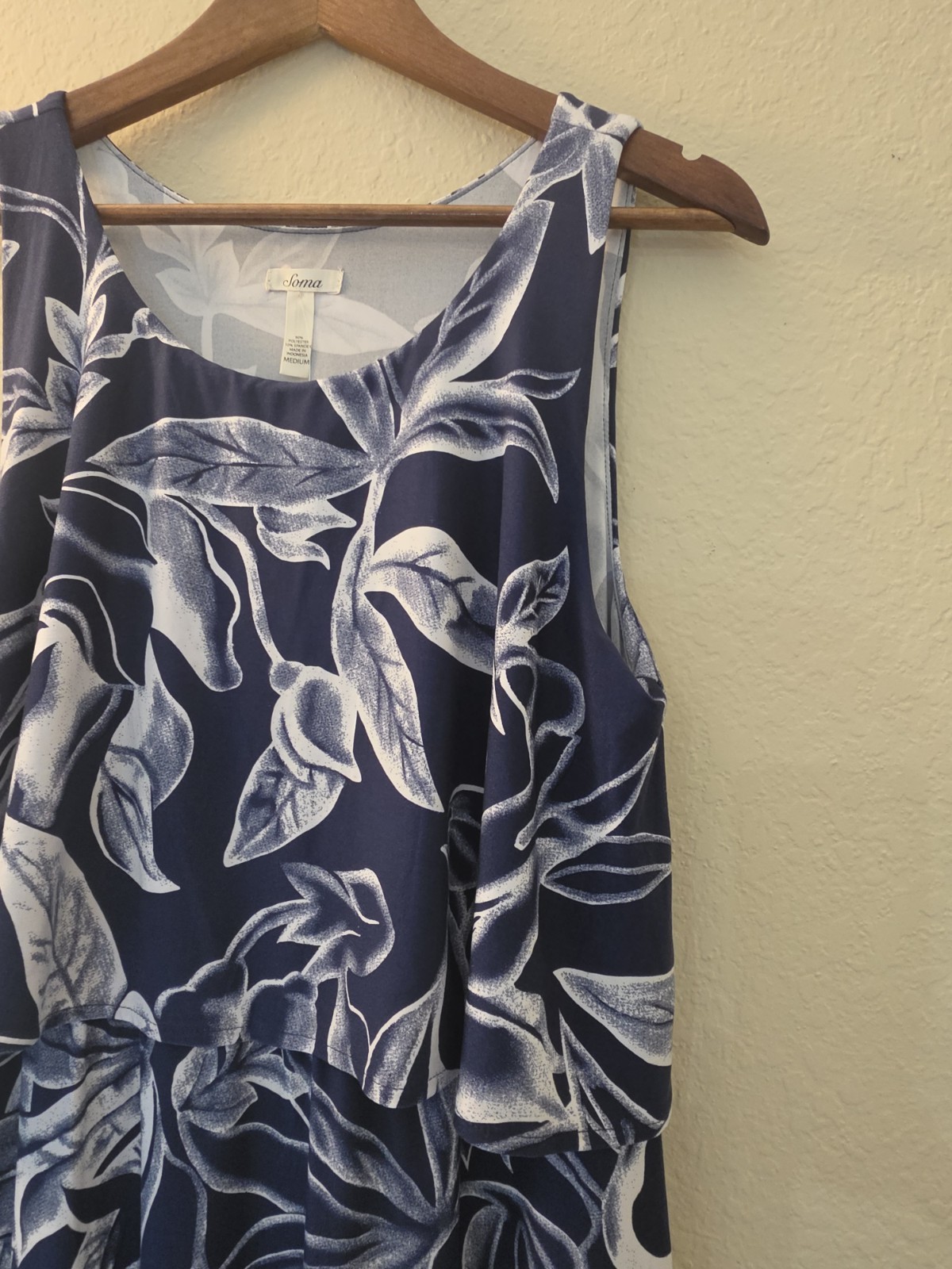 NWT Soma Dress Womens Medium Navy Blue Grey White Floral Tiered Asymmetrical Hem