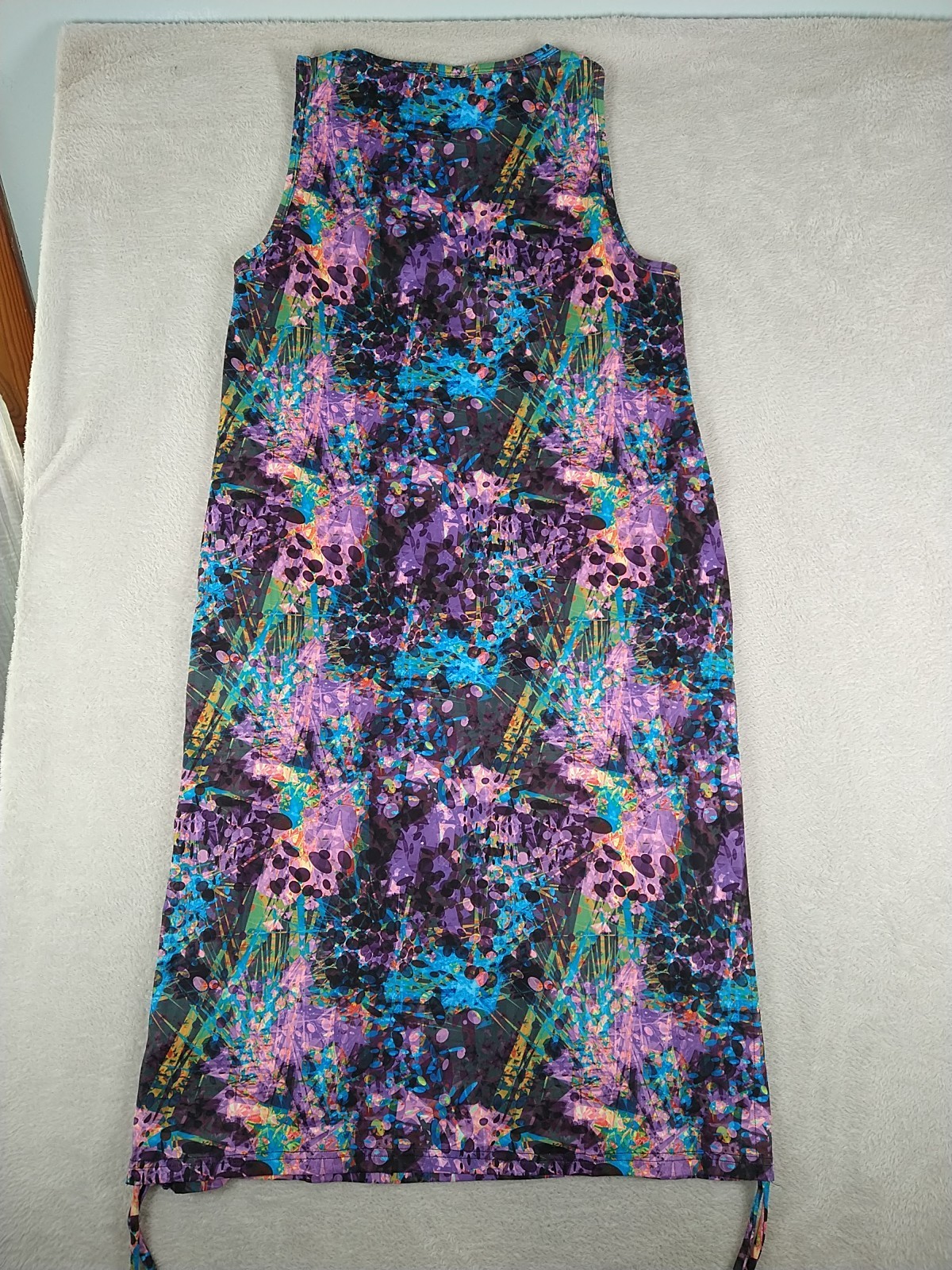 CVG Constantly Varied Gear Dress Size M/L Purple Pop Art Psychedelic Ruched Hem