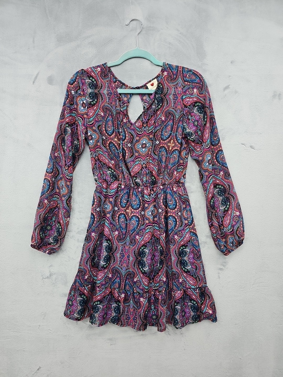 One Clothing Womens Bohemian Short Dress Balloon Sleeves Size Small Purple Tunic