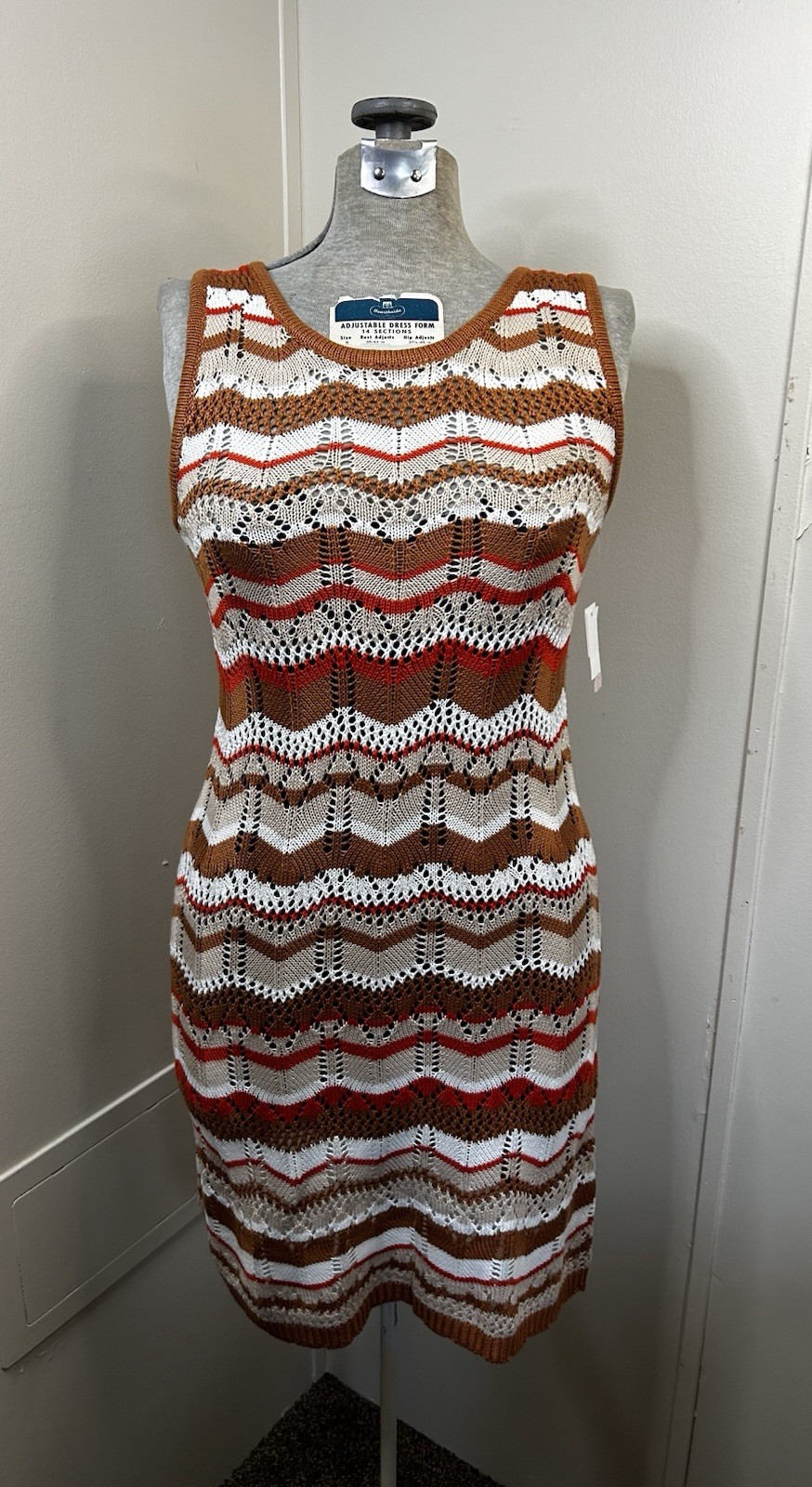New Brown/White/Red Chevron Striped Crocheted Dress