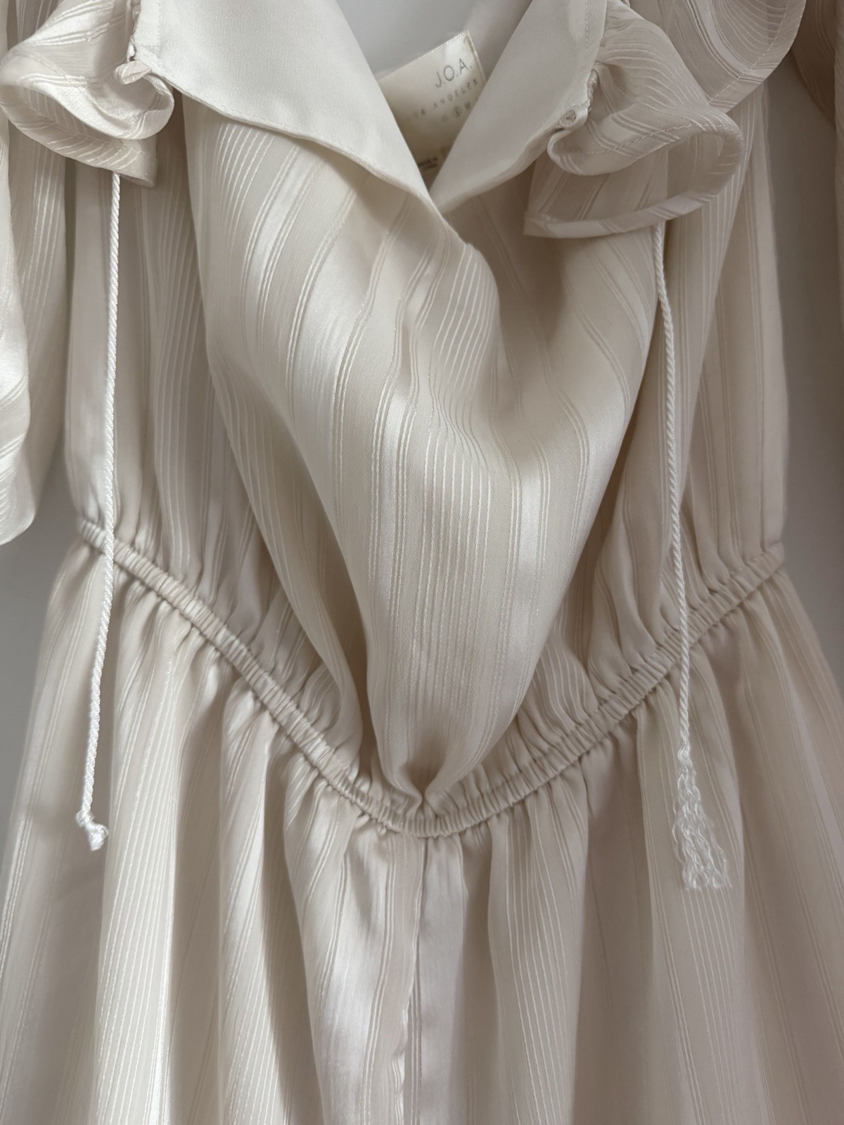 JOA Ivory Striped Ruffle Drawstring A-Line Dress Puff 3/4 Sleeve Short S