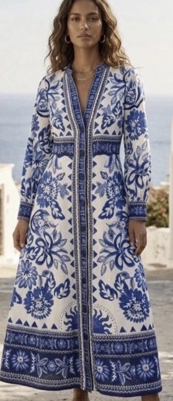 CAROLINE CONSTAS White Blue Dress Floral Linen Blend NWOT Sz M $475