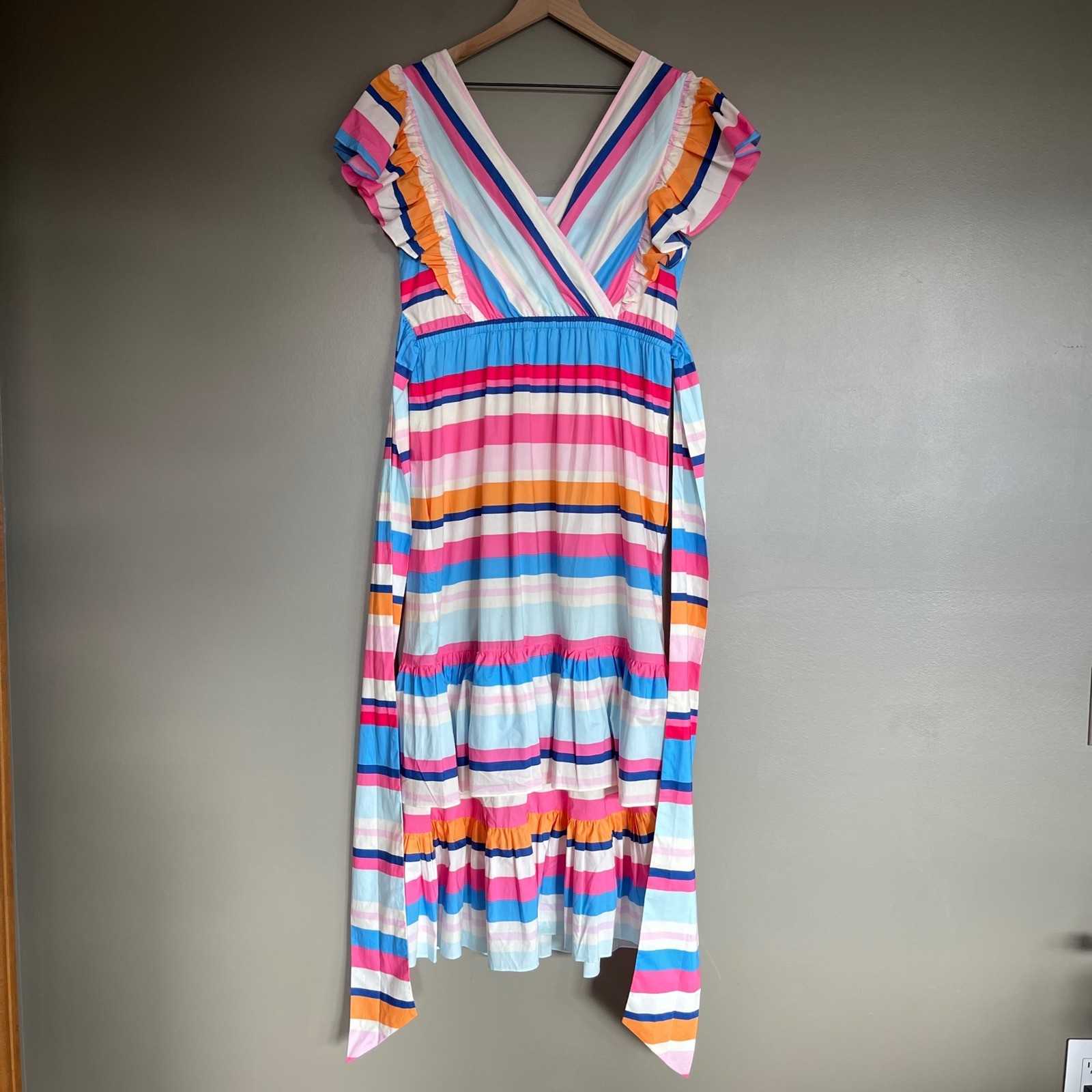 NWT Plenty Rainbow Stripe Ruffle Maxi Dress Tie Waist Flutter Sleeve Medium Chic