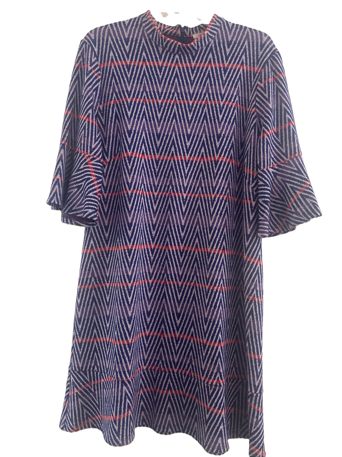 TYLER BOE Size Large MINDY Blue Red Chevron Jacquard Flare Sleeve Dress Boho