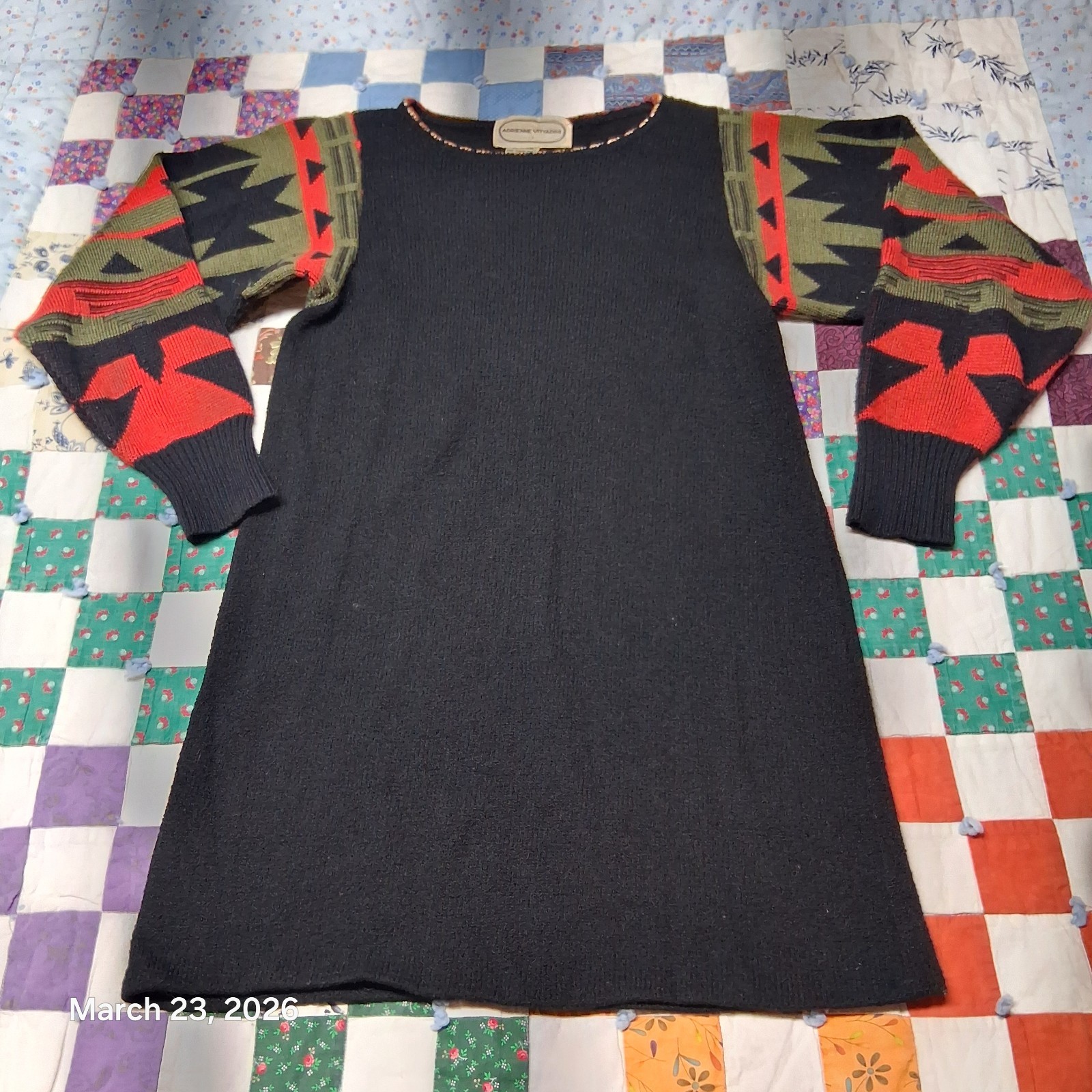 Vintage Adrienne Vittadini Wool Sweater Dress Womens Medium Black Southwestern