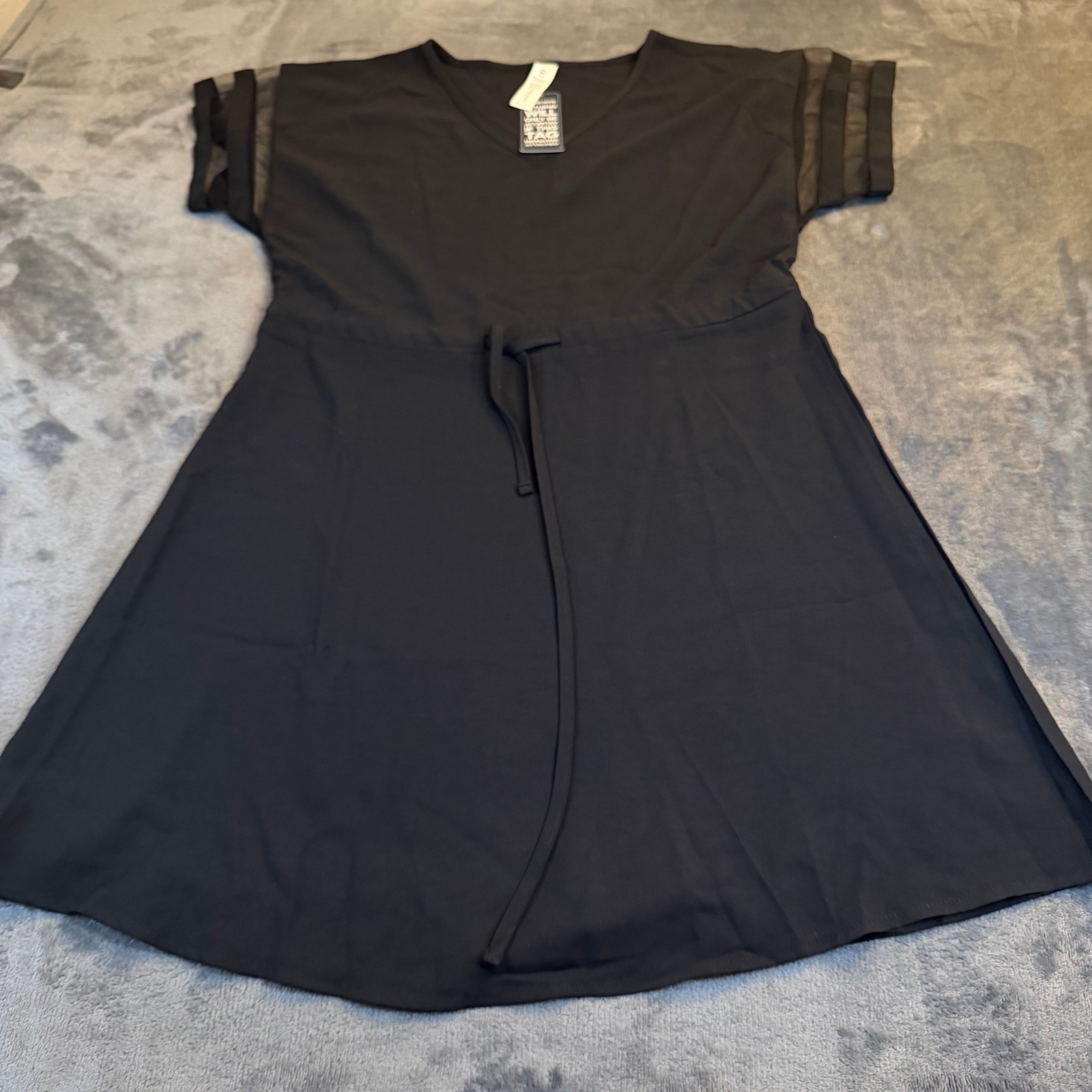 Black V Neck Sheer Sleeve Drawstring Waist A Line Dress Women’s NWT Size Small