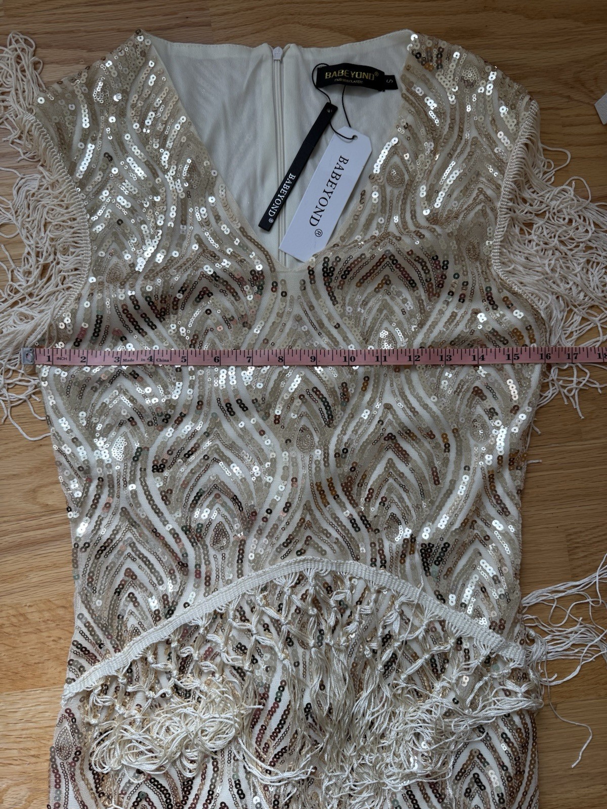 BABEYOND Gold Sequin Fringe Dress Western Boho Festival Gatsby NWT Small