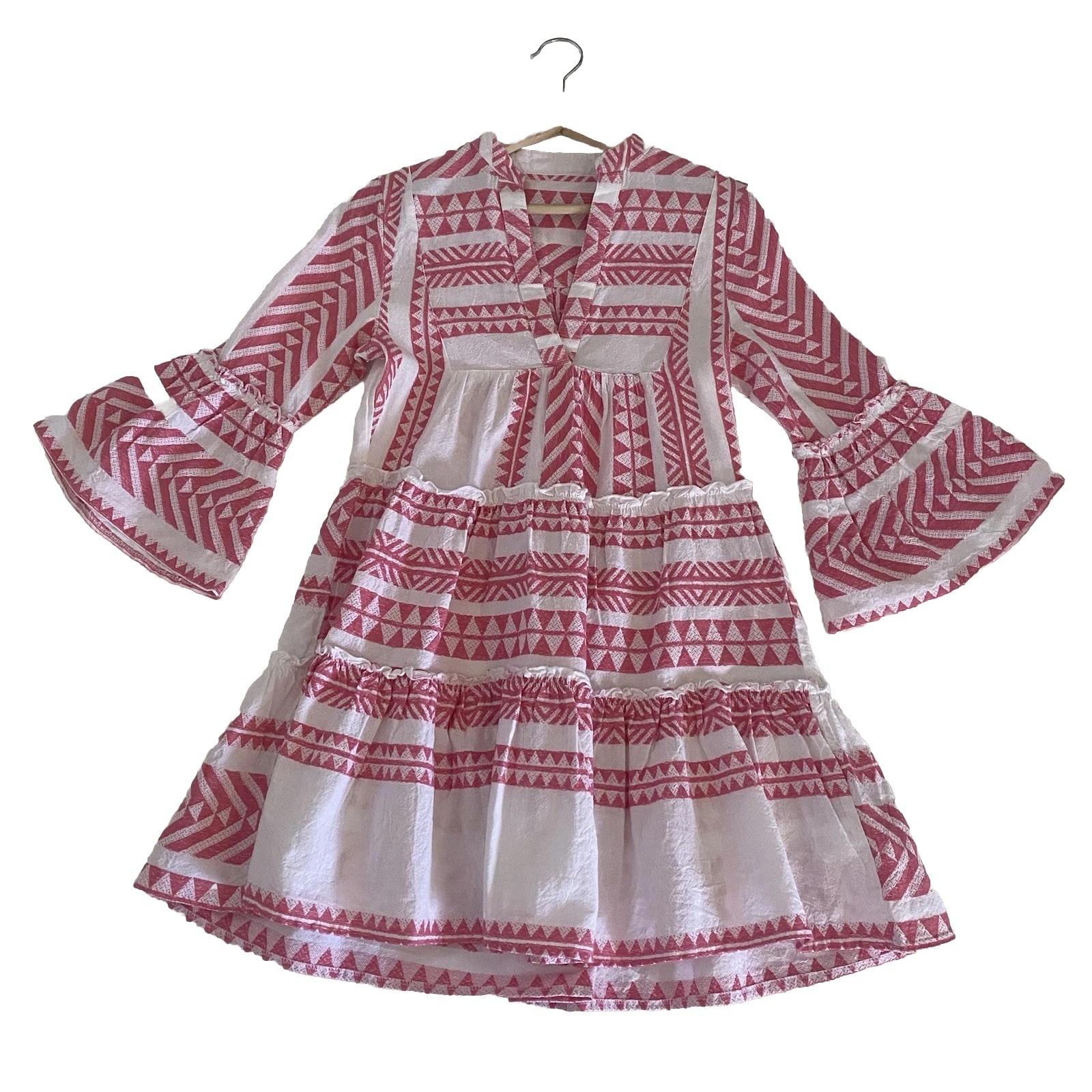 Tiered Mini Dress XS Resort Travel Boho Pink White Hippie Vacation Beach Festiva