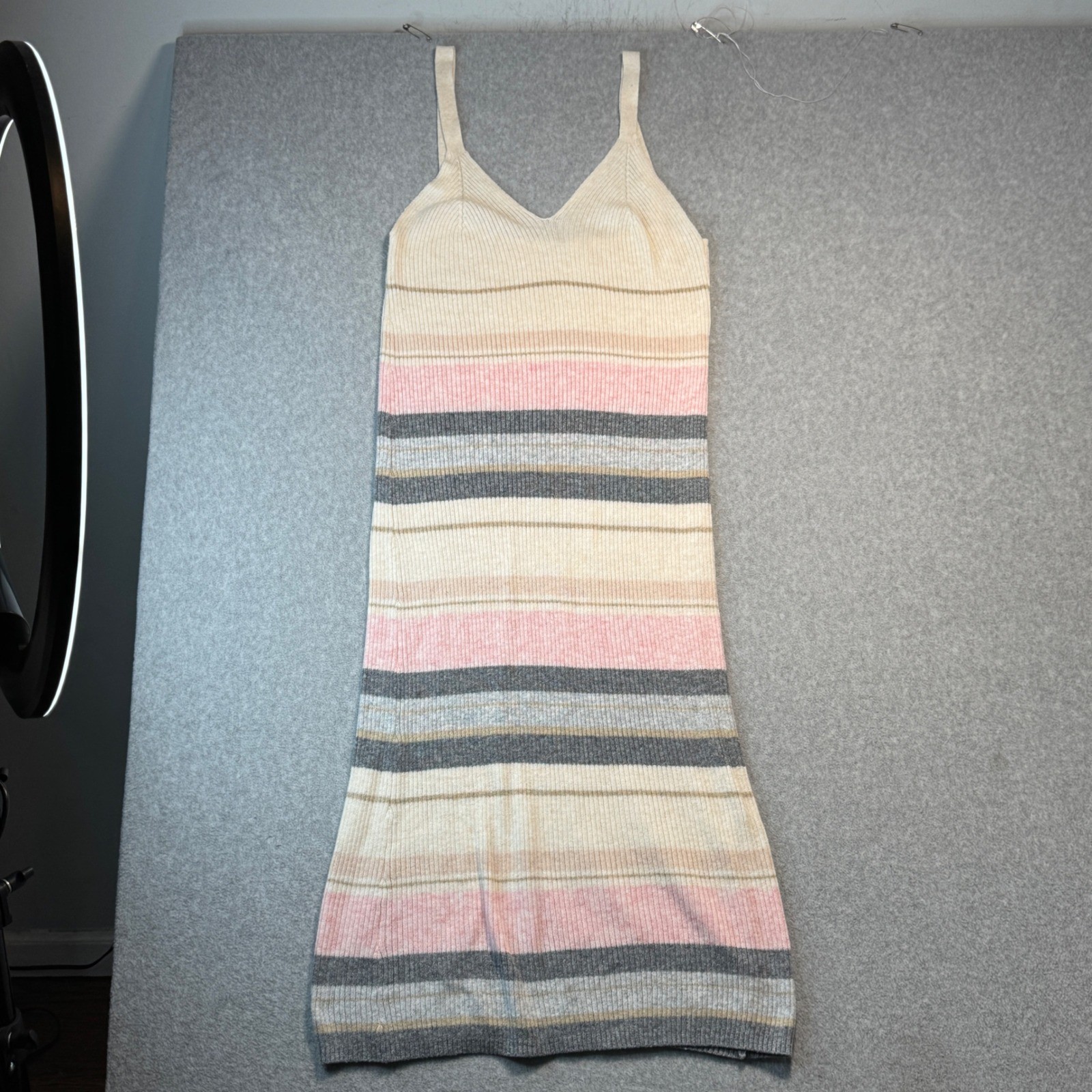 Z Supply Maxi Dress Ribbed Knit Striped V Neck XS Cream Pink Grey