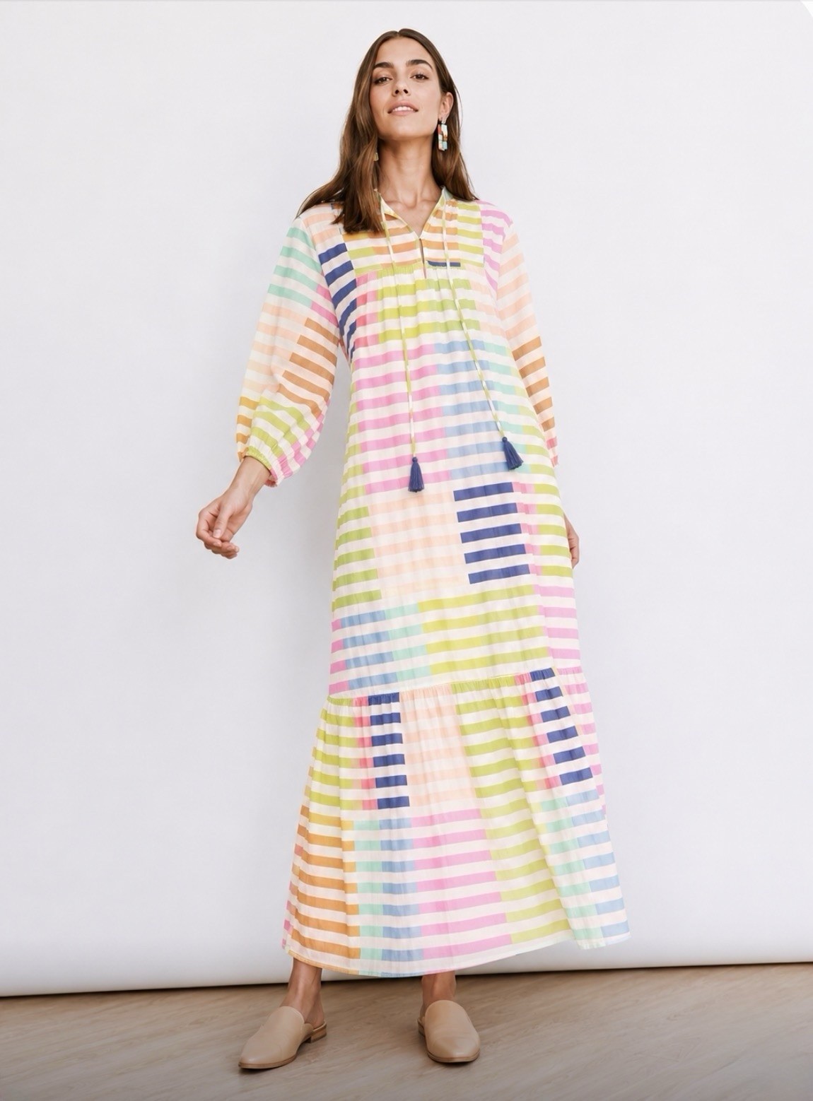 Sunshine Tienda Colorful Stripe Copa Maxi Dress Sz Large Beachy Coastal Boho