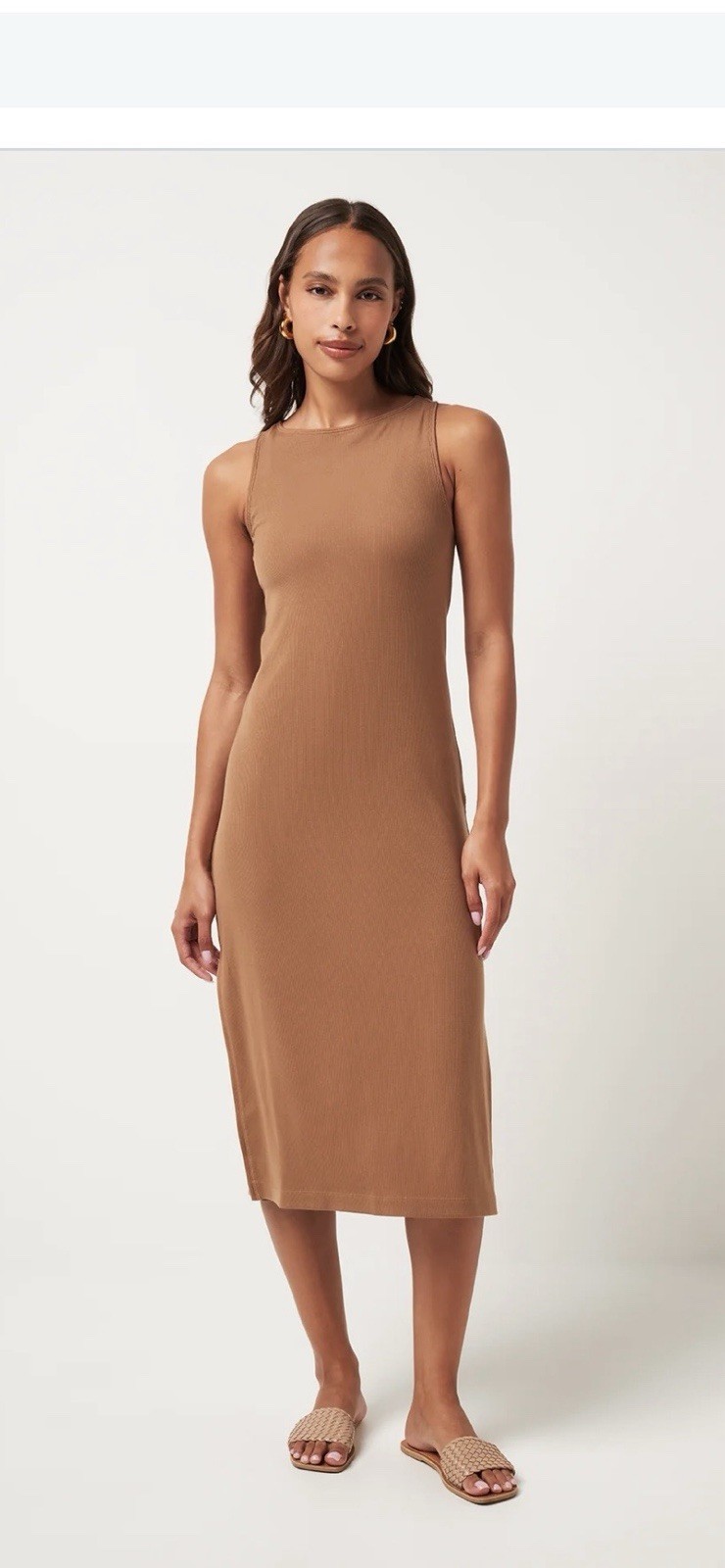 Lou & Grey Brown Ribbed Knit Tank Dress Round Neck Sleeveless Midi Pullover L
