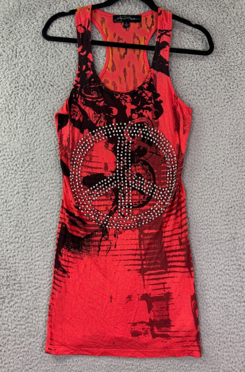 Women’s Neon Pink Rhinestone Peace Sign Bodycon Mini Dress L Y2K