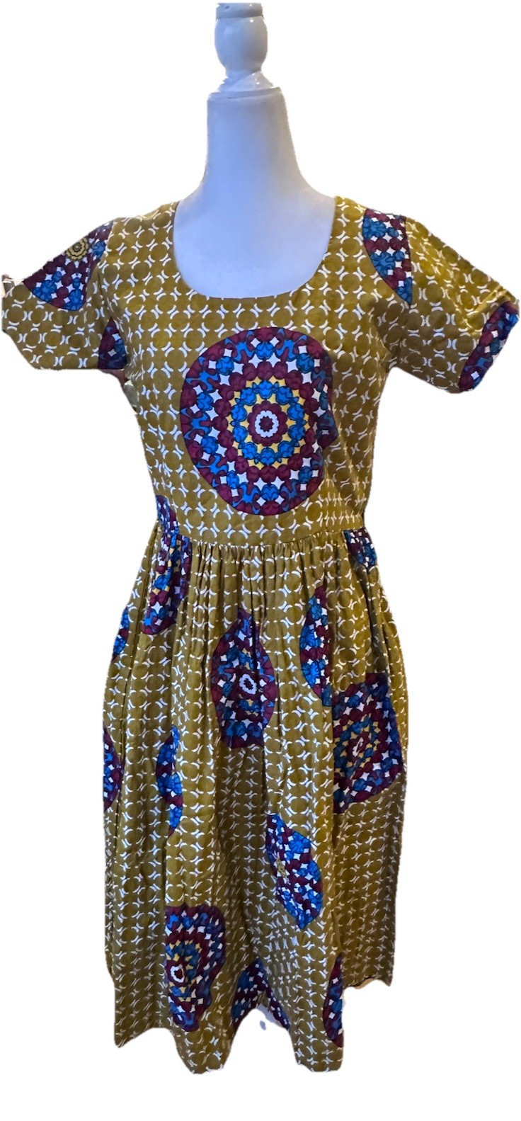 Handmade African Ankara Print Global Folk Art Midi Dress Medium