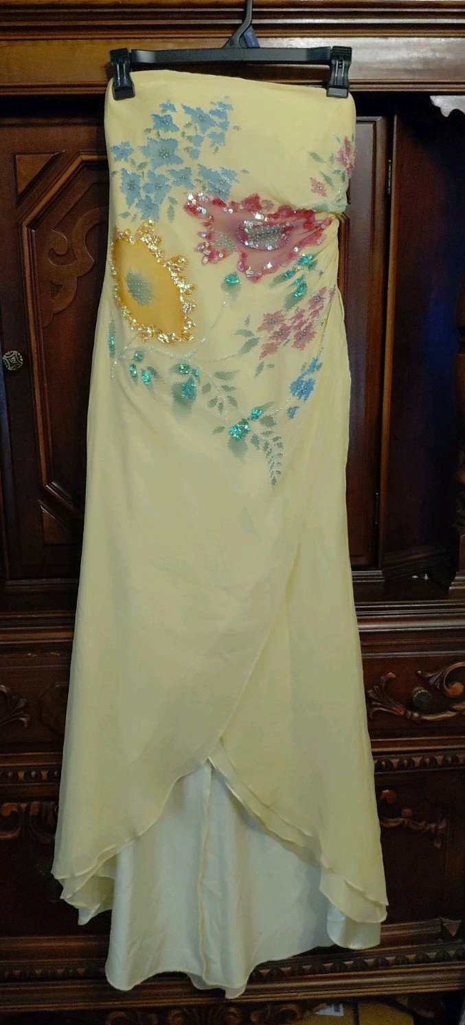 Vintage Cache Yellow Dress Maxi Beaded Floral Gown 2 S Silk Y2K Glam Evening