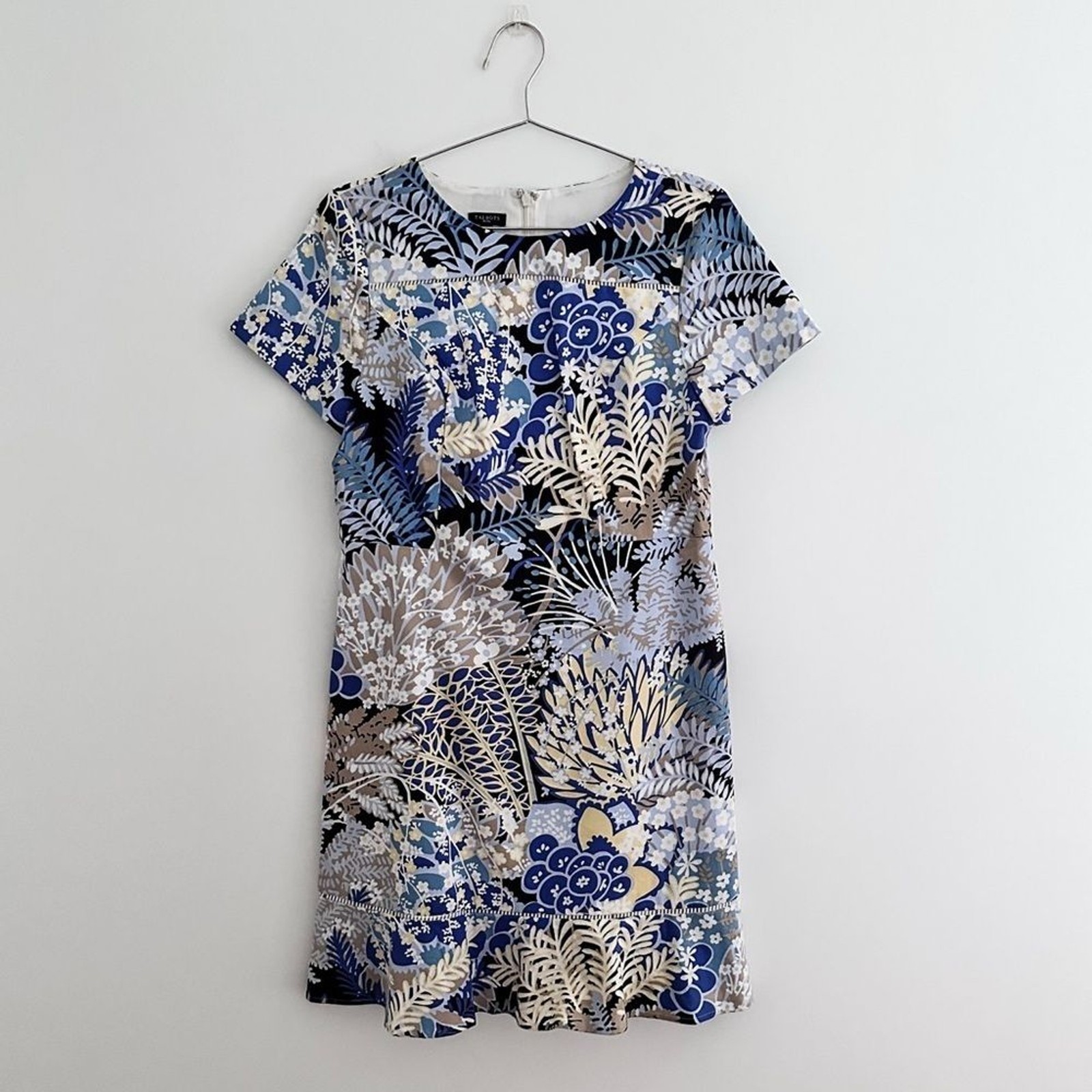 Talbots Botanical Floral Blue Multi Flounce Hem Short Sleeve Sateen Sheath 10P