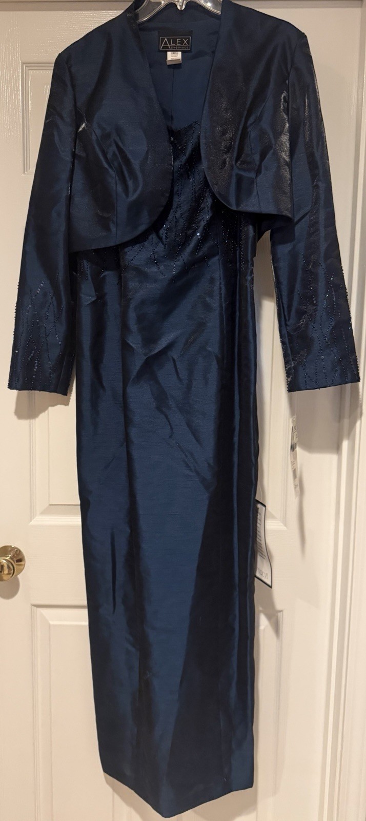 Alex Evenings Dress Long Beaded In A Dark Blue Shimmer Fabric NWT With Jacket