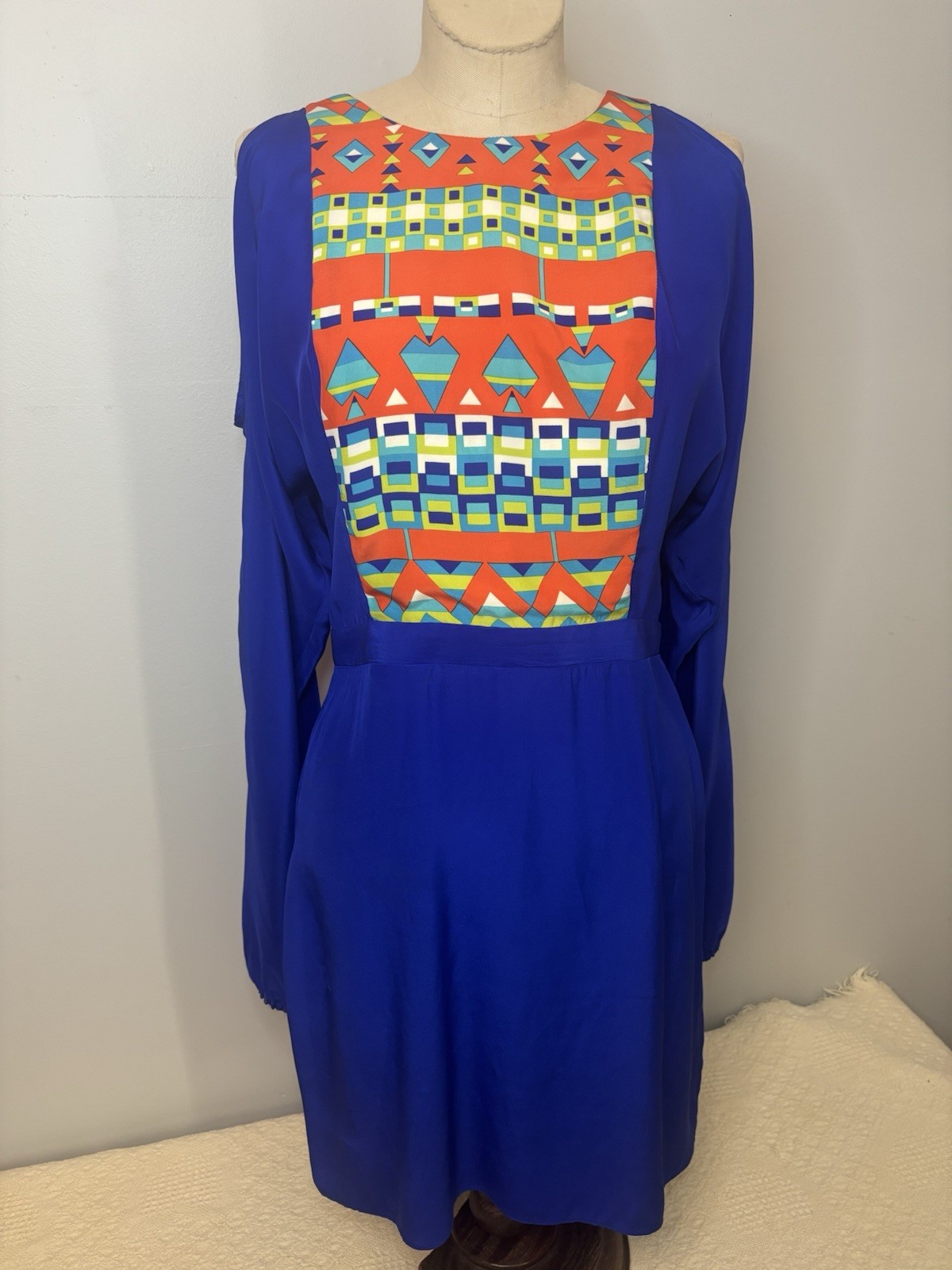 Alice & Trixie Boho-Southwestern -Tribal 100% Silk Royal Blue Cutout Dress-Small