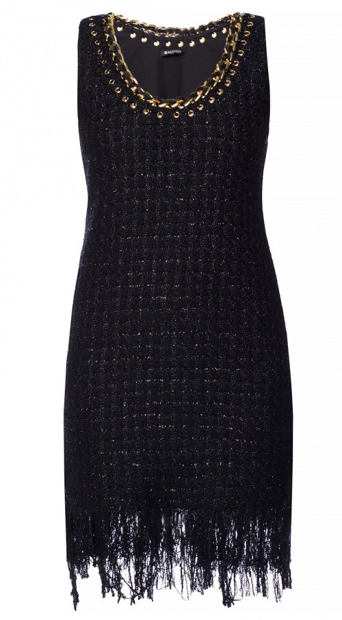 BALMAIN Tweed Fringe Shift Dress 38 M Linen-Blend Chain Trim Black RRP £2,650
