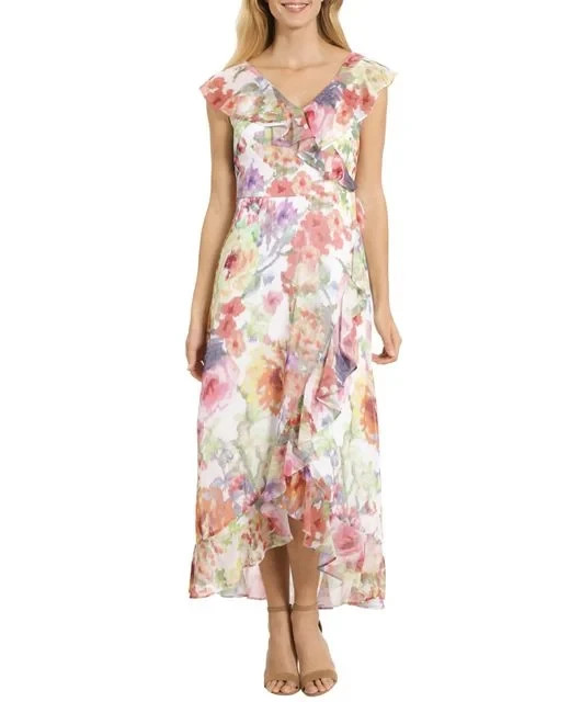 LONDON TIMES-Ruffled Chiffon Maxi Floral Wrap Dress, Size: 4, iVORY-Multicolor
