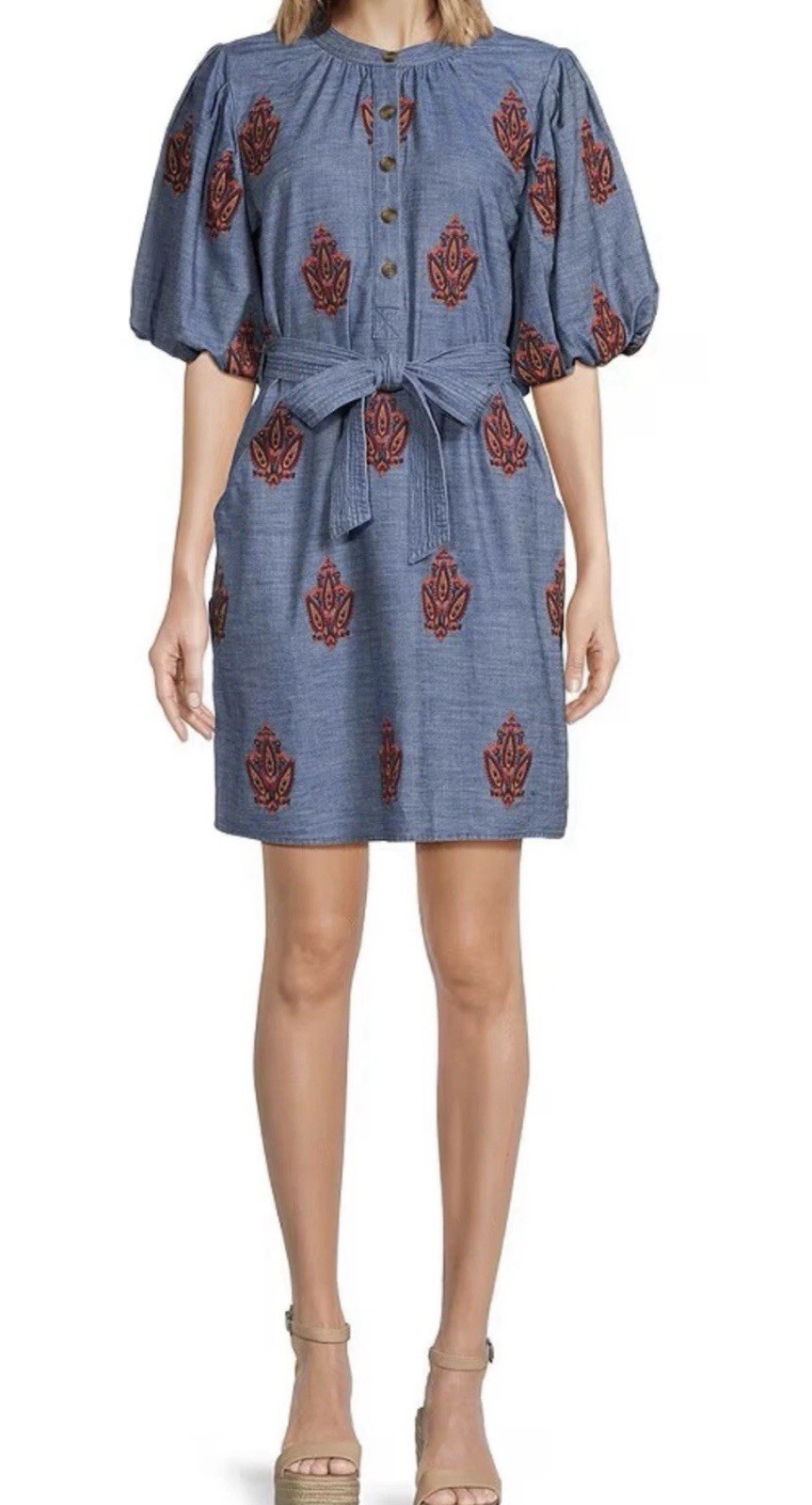 NWT A Loves A Embroidered Chambray Balloon Sleeve Banded Collar Belted Dress XS