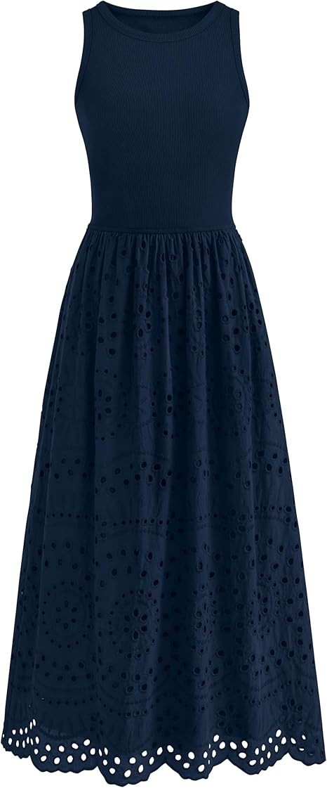 2026 Casual Sleeveless Crewneck A-Line Boho Lace Eyelet Cotton Tank Maxi Dress w