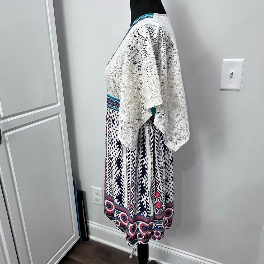 Flying Tomato Mini Dress Medium White Blue Pink Lace Boho Festival Tribal