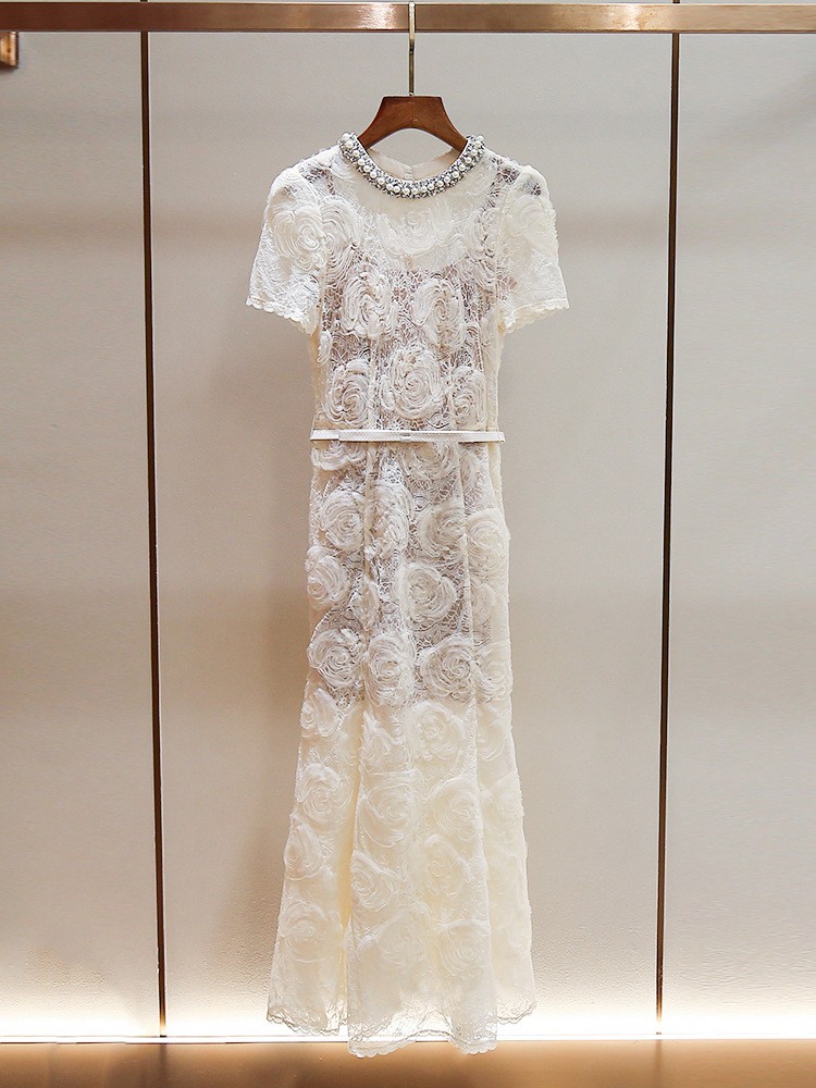 Self-Portrait Womens Summer New Diamond Round Neck Lace Embroidery Long Dress