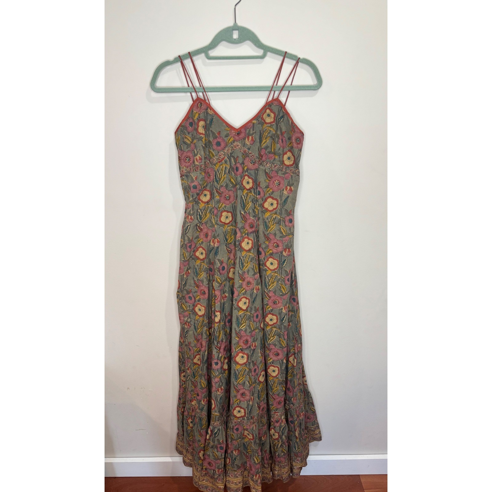 Anokhi Floral Maxi Spaghetti Strap Dress Sz S 100% cotton