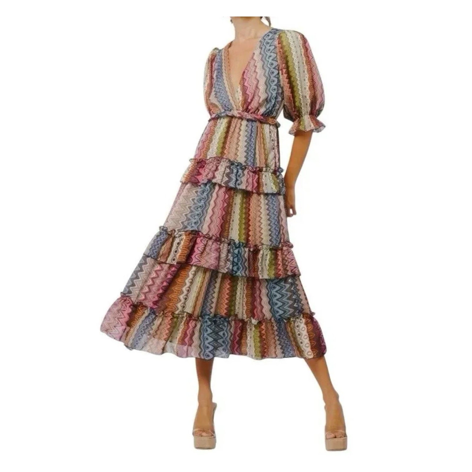 Nordstrom Ciebon Madelyn Stripe Tiered Ruffle Midi Dress Large Colorful Boho